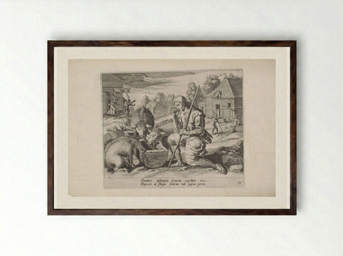 The Prodigal Son as a Swineherd - Salomon Savery - Framed Print Dark Wood
