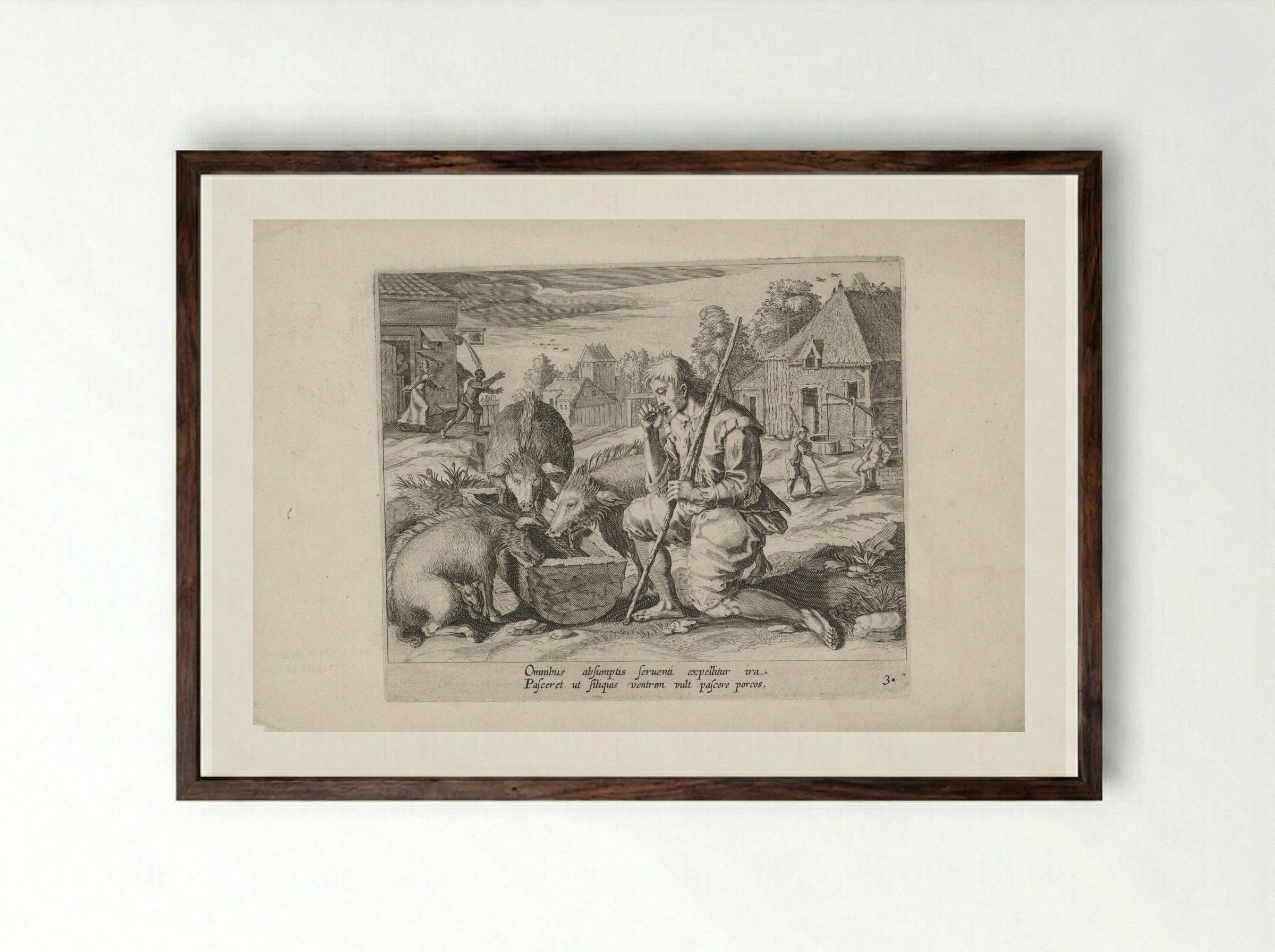 The Prodigal Son as a Swineherd - Salomon Savery - Framed Print Dark Wood