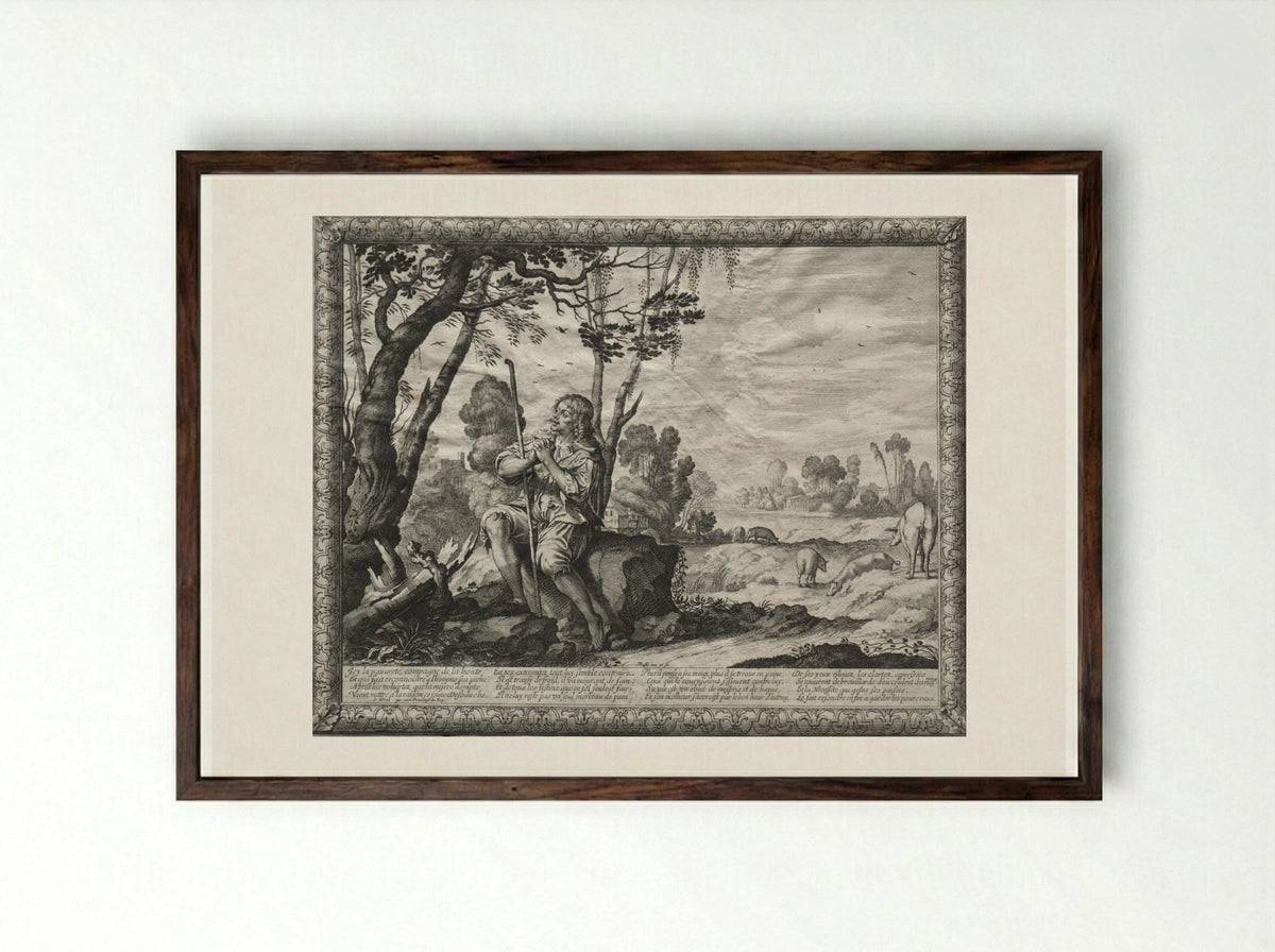 The Prodigal Son: The Prodigal Tending the Pigs - Abraham Bosse - Framed Print Dark Wood