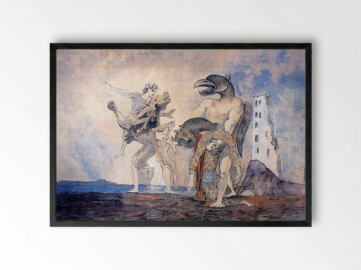 The Remains of Minotaur in a Harlequin Costume - Pablo Picasso - Framed Print Black