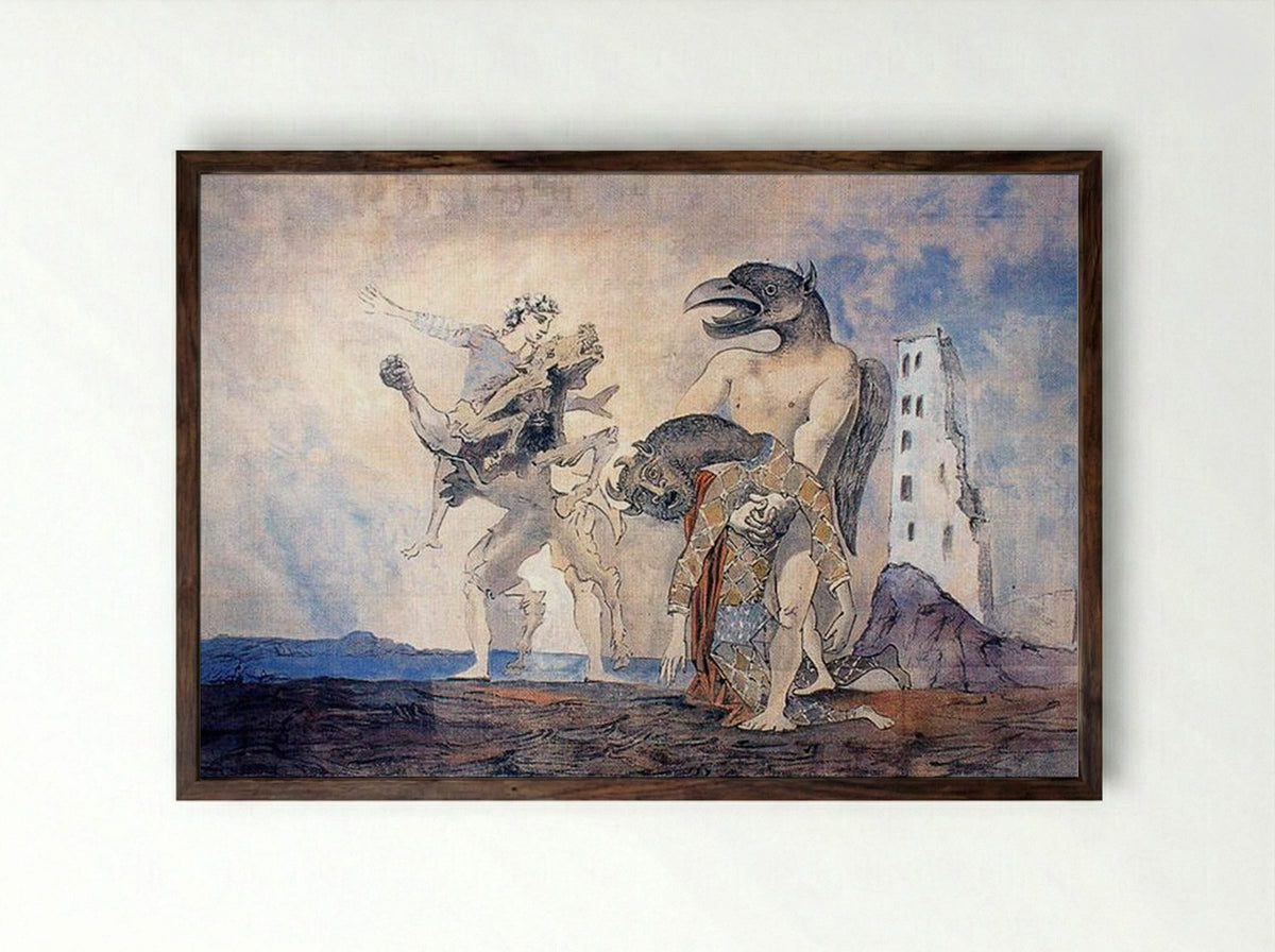 The Remains of Minotaur in a Harlequin Costume - Pablo Picasso - Framed Print Dark Wood
