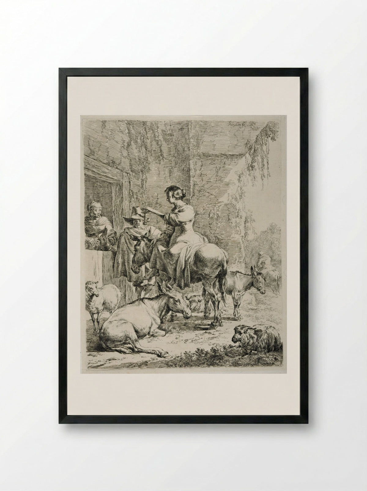 The Rest Before the Inn - Nicolaes Berchem - Framed Print Black