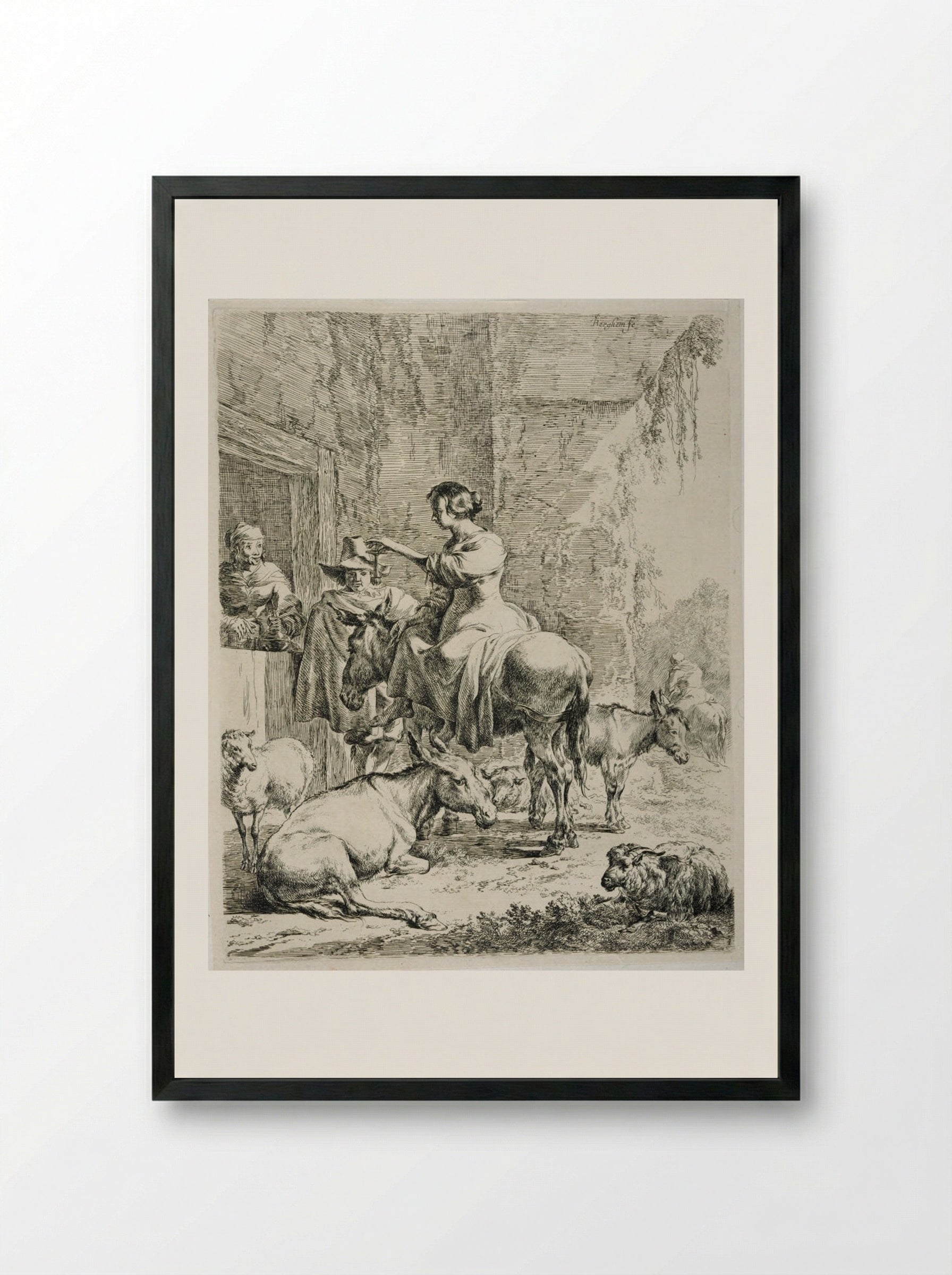 The Rest Before the Inn - Nicolaes Berchem - Framed Print Black