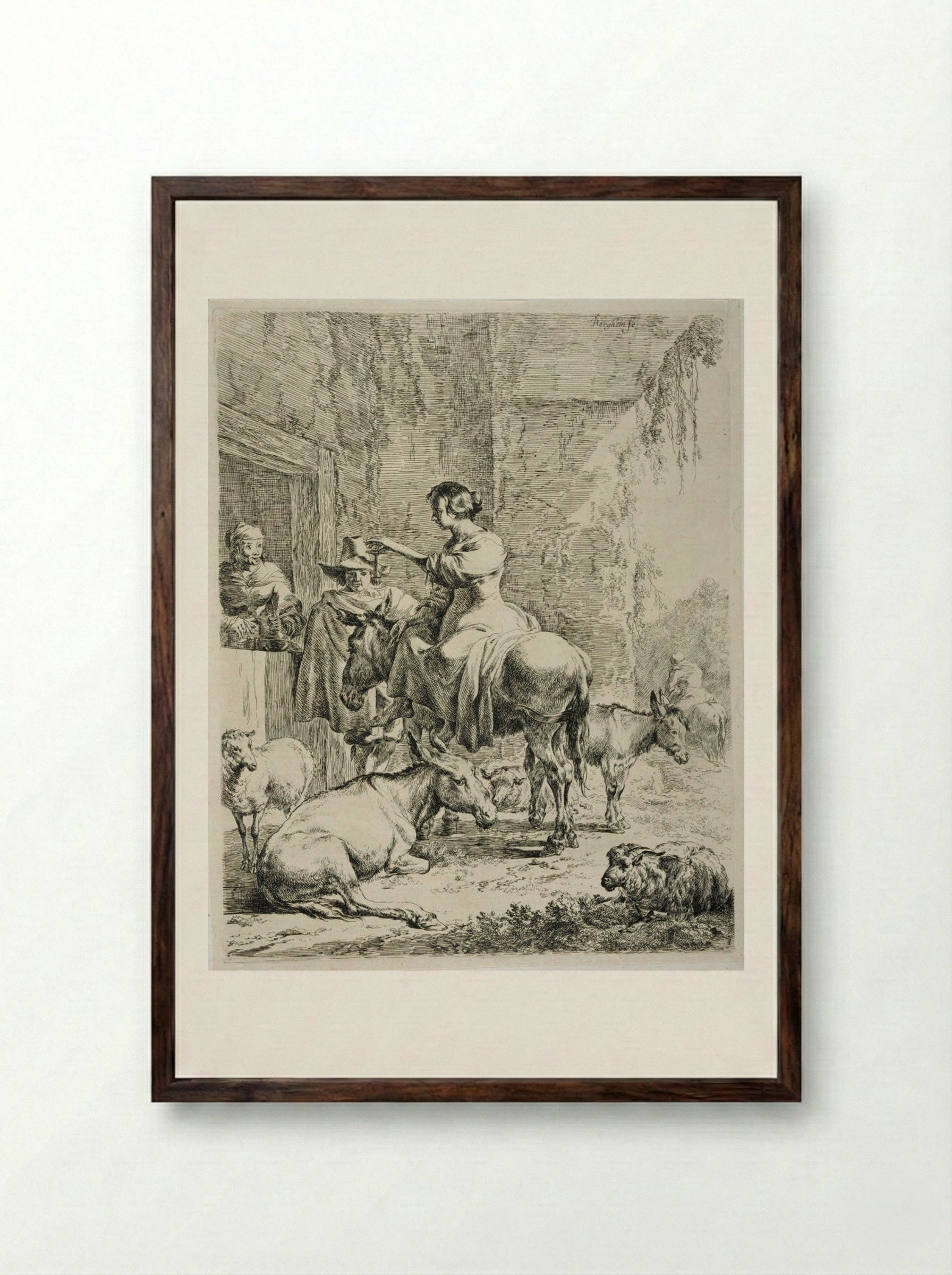 The Rest Before the Inn - Nicolaes Berchem - Framed Print Dark Wood