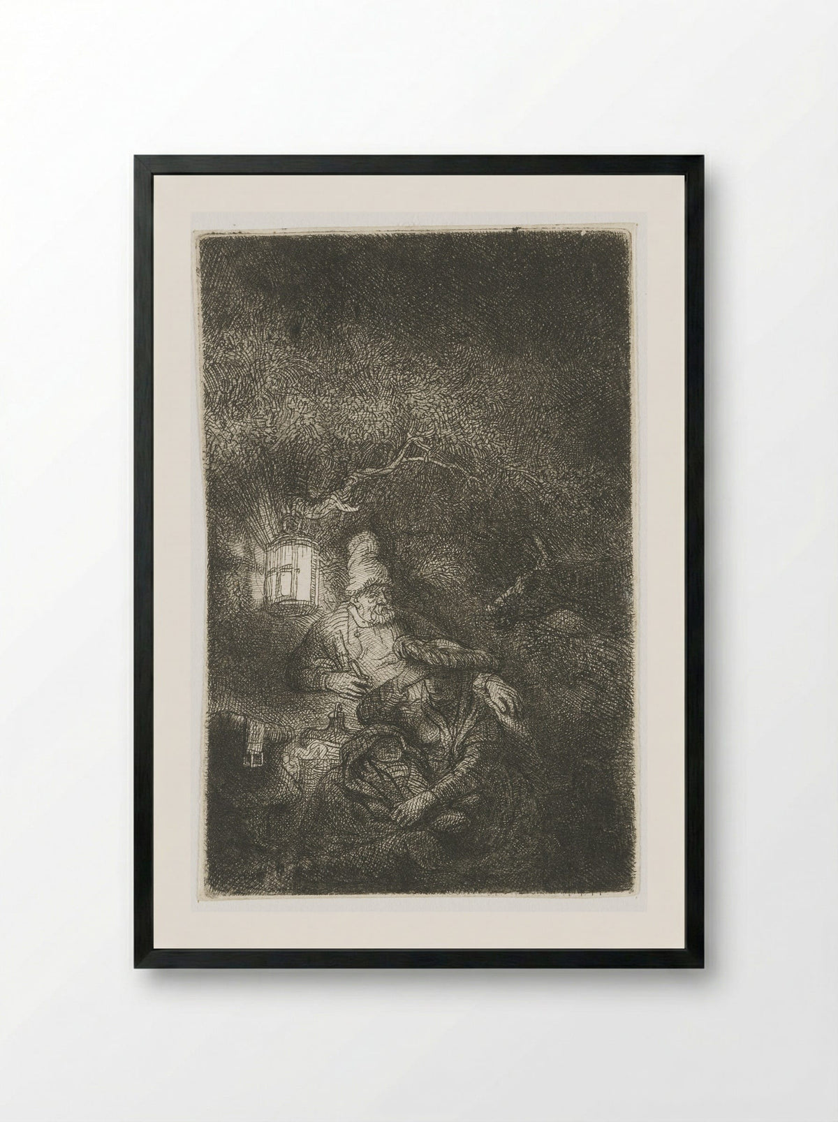 The Rest on the Flight into Egypt - Rembrandt van Rijn - Framed Print Black