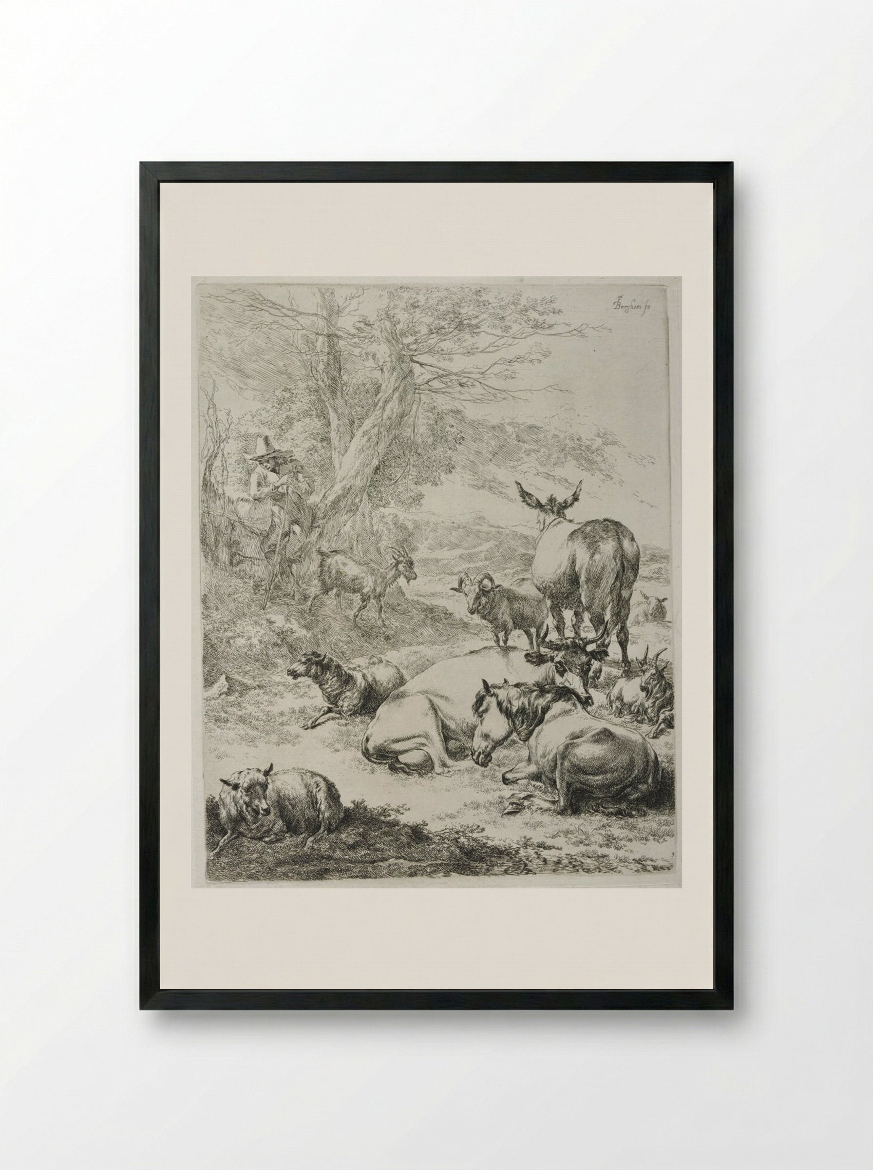 The Resting Herd - Nicolaes Berchem - Framed Print Black