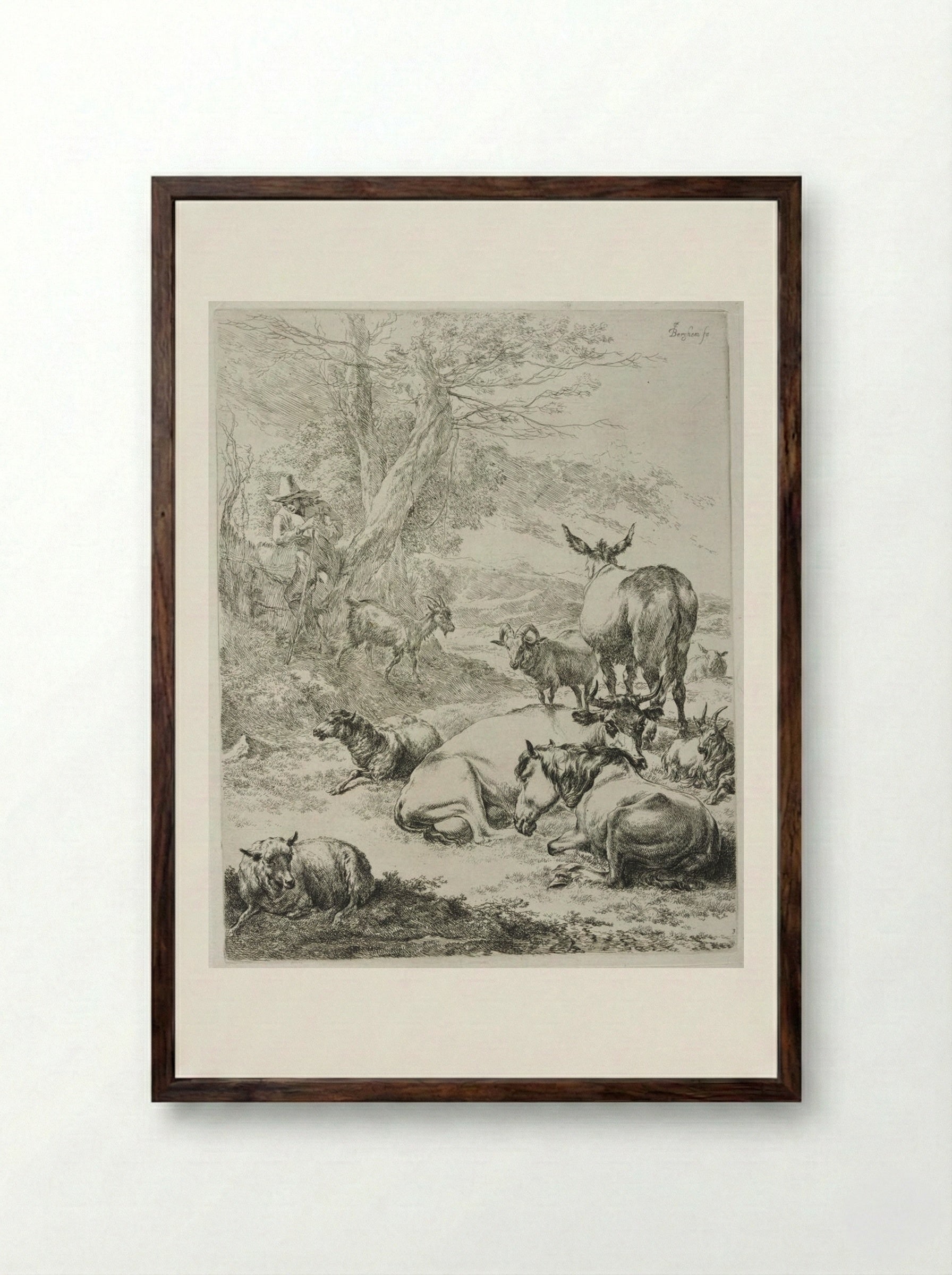 The Resting Herd - Nicolaes Berchem - Framed Print Dark Wood