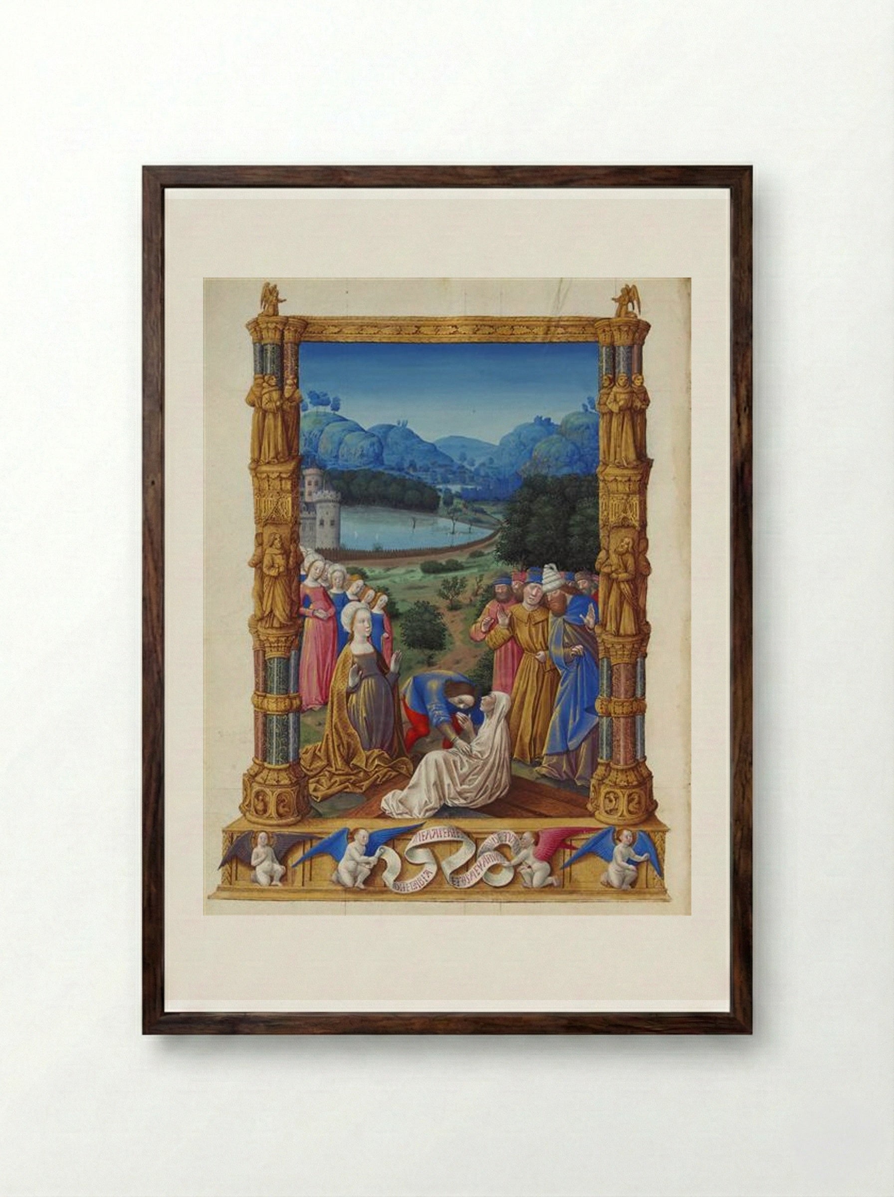 The Revealing of the True Cross - Limbourg brothers - Framed Print Dark Wood