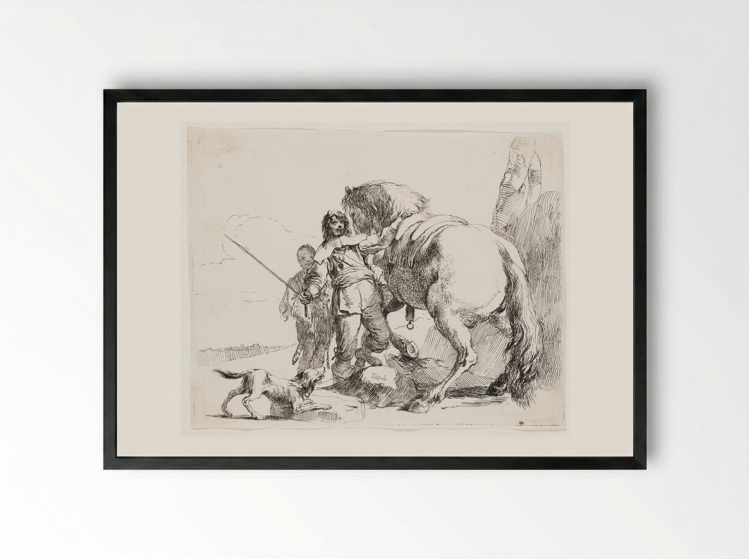 The Rider Standing by his Horse - Giovanni Battista Tiepolo - Framed Print Black