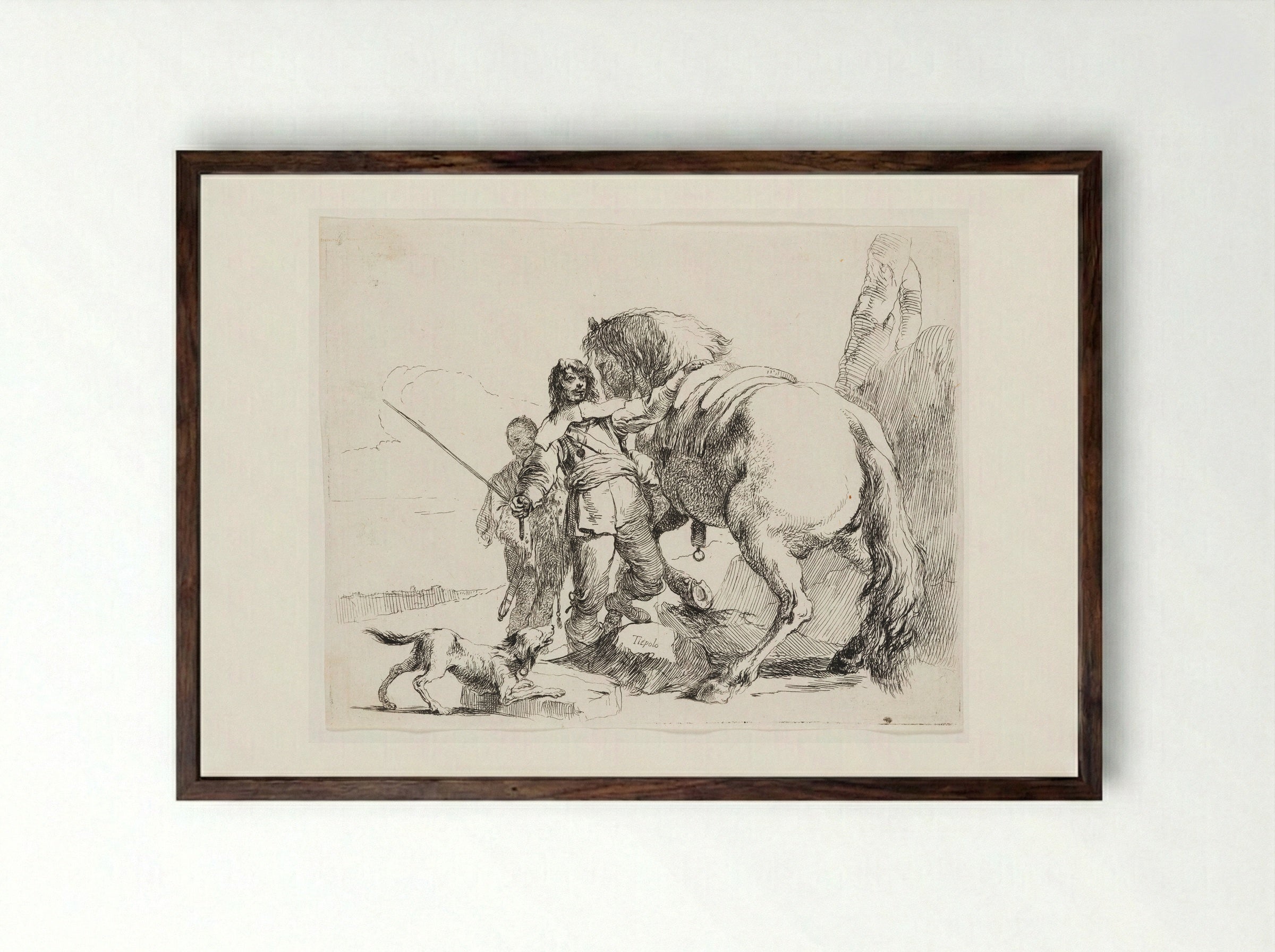 The Rider Standing by his Horse - Giovanni Battista Tiepolo - Framed Print Dark Wood