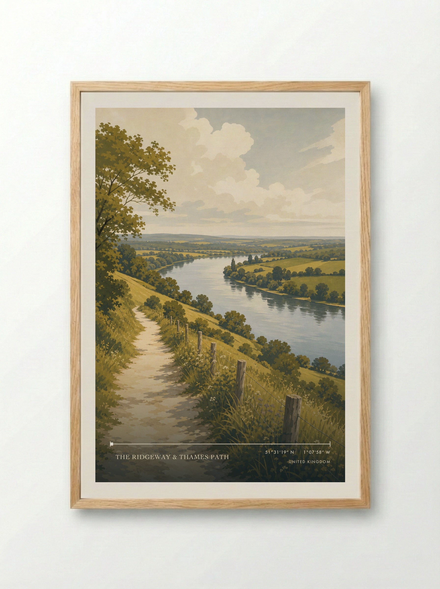The Ridgeway & Thames Path United Kingdom Travel Poster - Framed Print Wood
