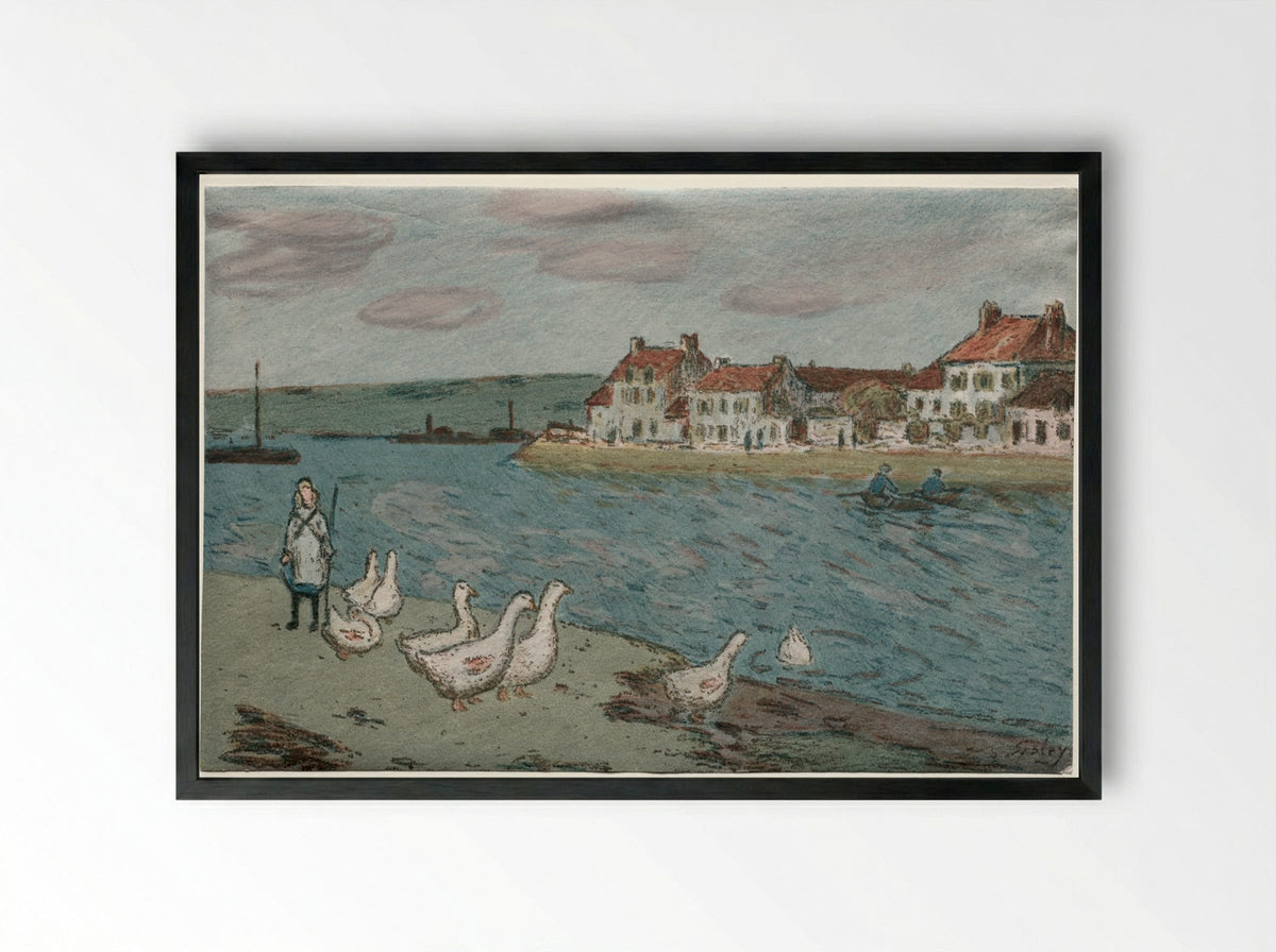 The River Bank or Geese - Alfred Sisley - Framed Print Black