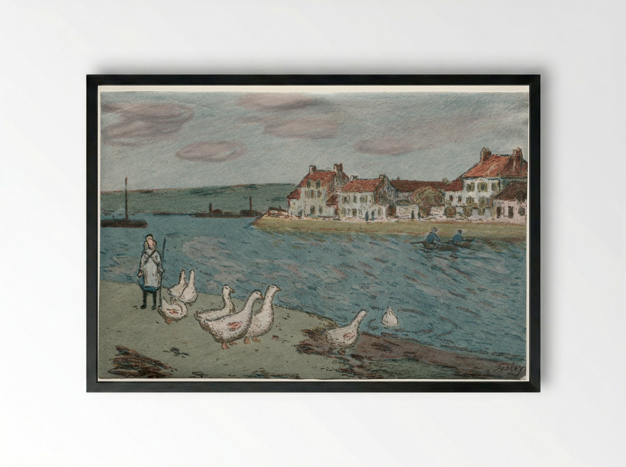 The River Bank or Geese - Alfred Sisley - Framed Print Black