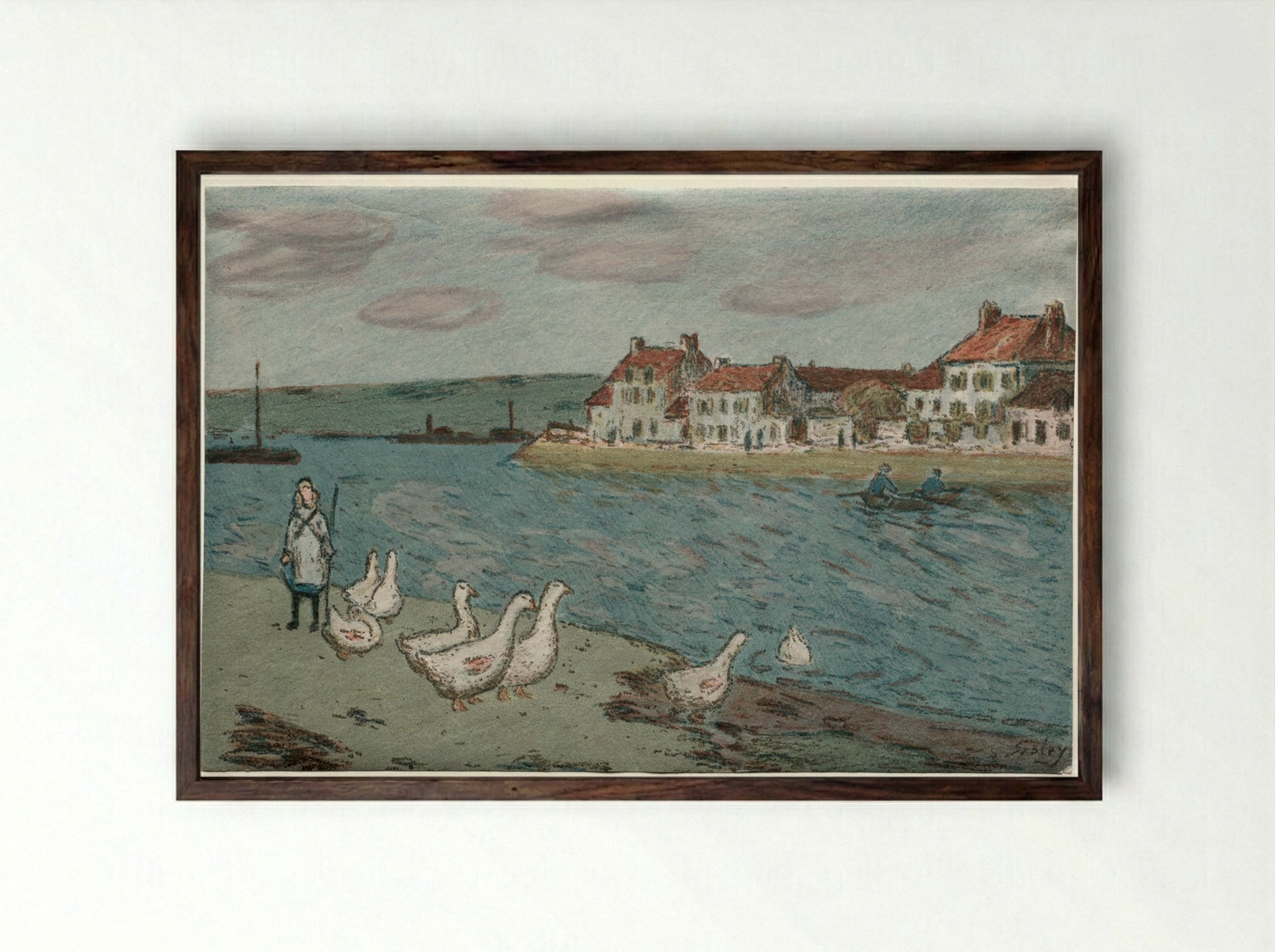 The River Bank or Geese - Alfred Sisley - Framed Print Dark Wood
