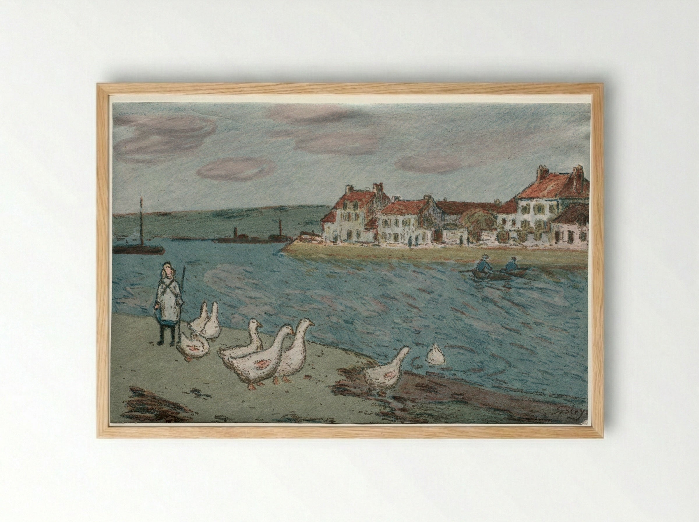 The River Bank or Geese - Alfred Sisley - Framed Print Wood