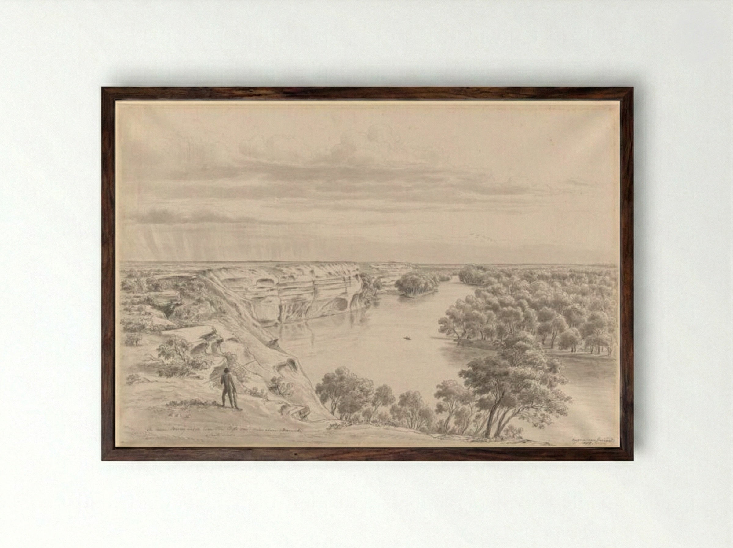 The River Murray and its limestone cliffs three miles above Moorundi, south view - Eugene von Guerard - Framed Print Dark Wood