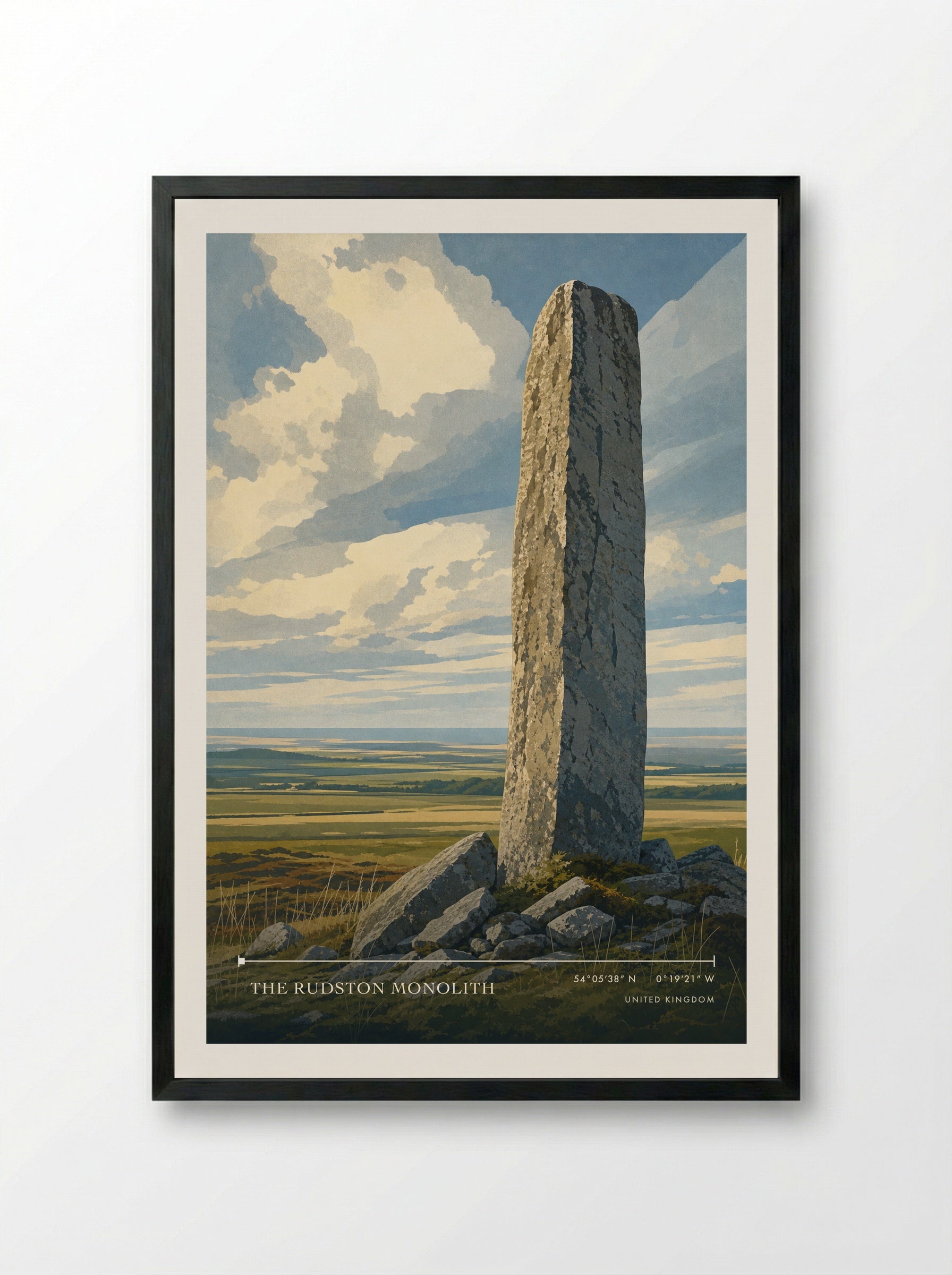 The Rudston Monolith United Kingdom Travel Poster - Framed Print Black