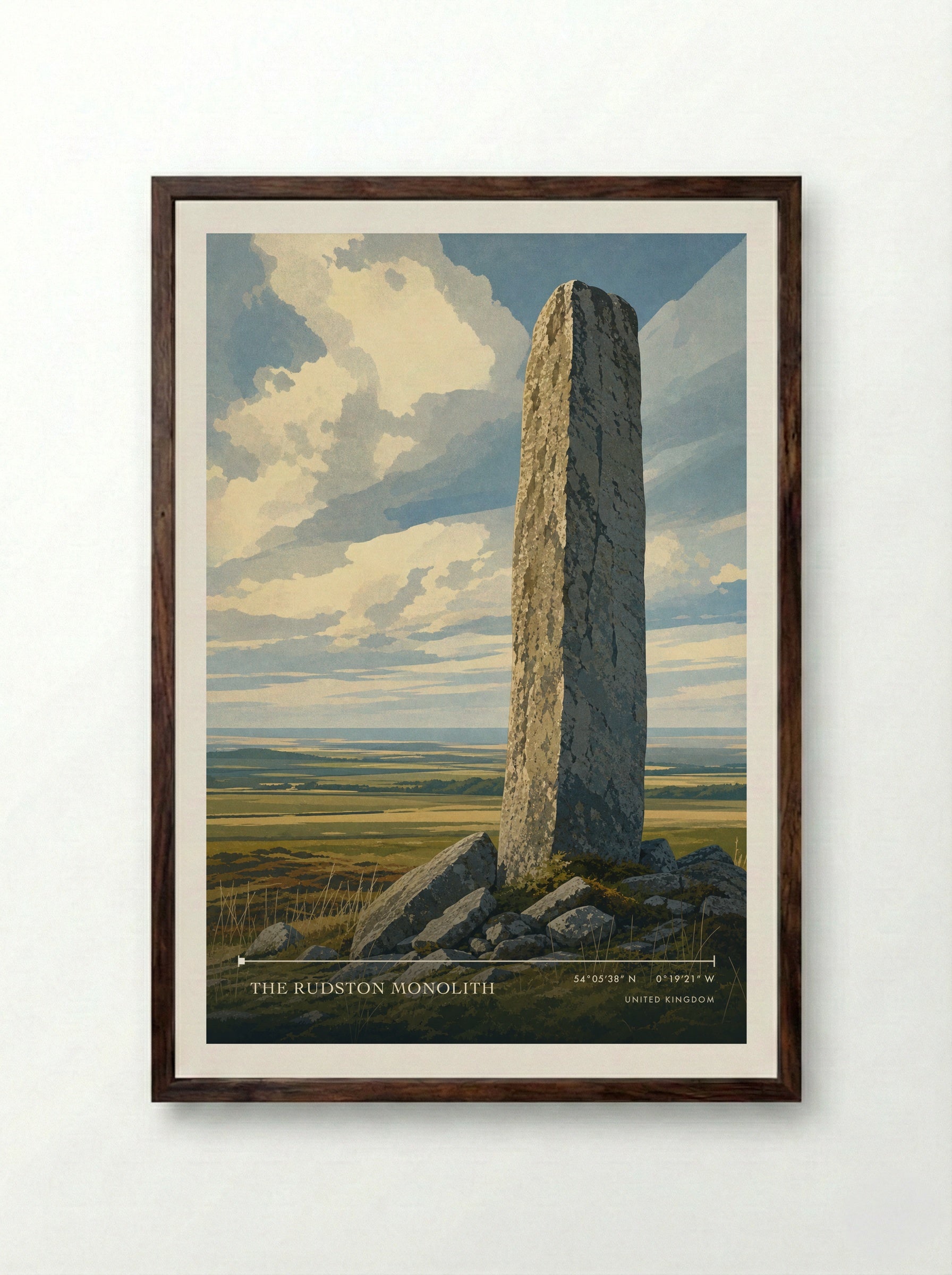 The Rudston Monolith United Kingdom Travel Poster - Framed Print Dark Wood