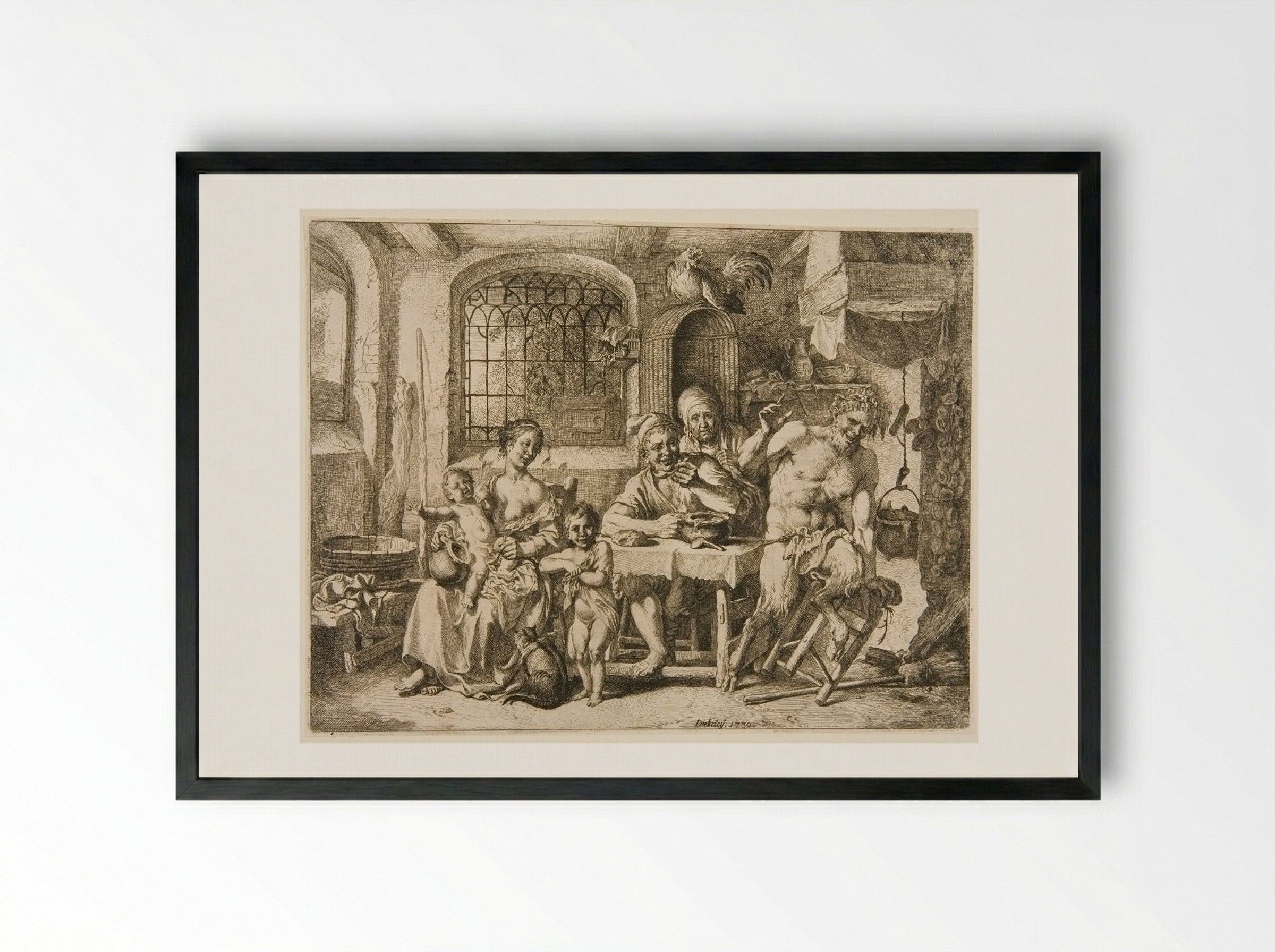 The Satyr in the Peasants' Hut - Christian Wilhelm Ernst Dietrich - Framed Print Black
