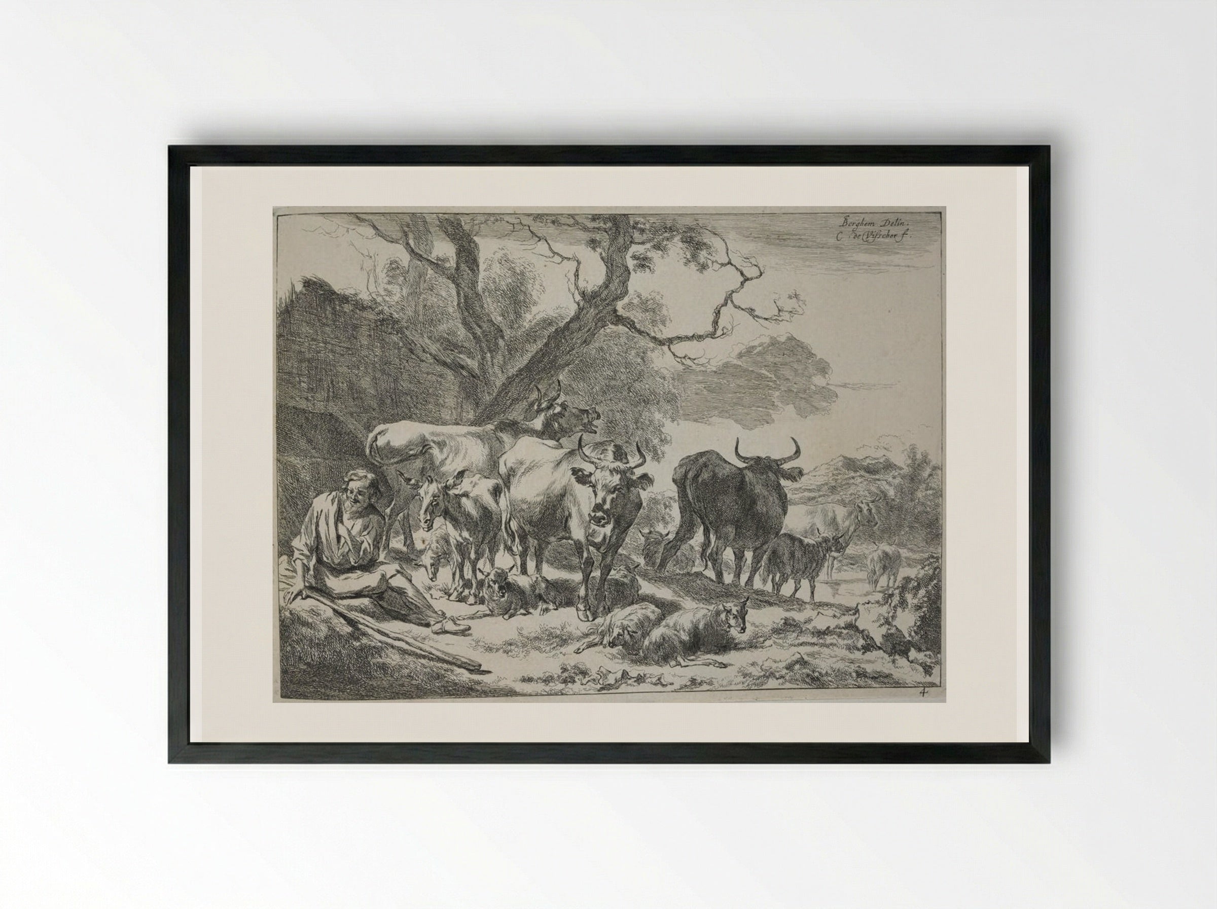 The Seated Old Herdsman - Cornelis Visscher - Framed Print Black