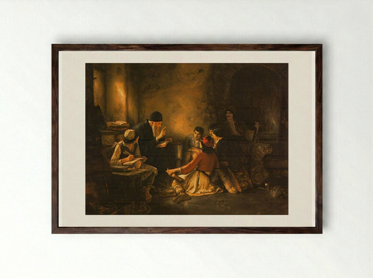 The Secret School - Nikolaos Gyzis - Framed Print Dark Wood