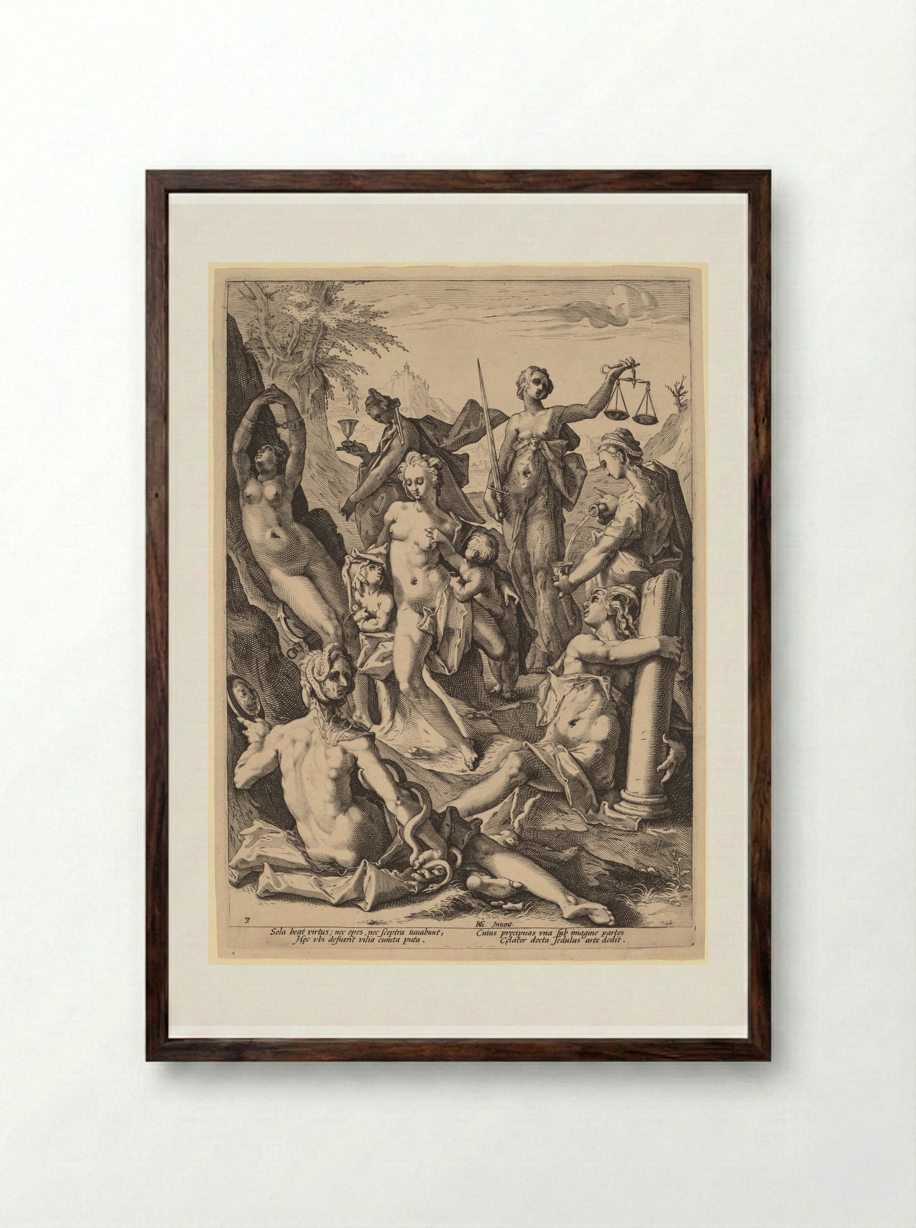The Seven Virtues - Jacob Matham - Framed Print Dark Wood