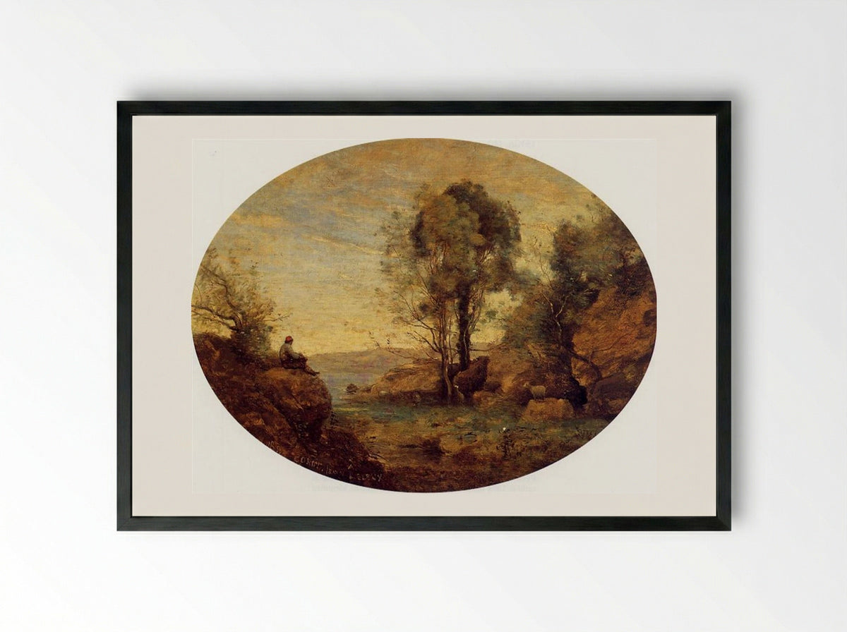 The Shepherd Overlooking the Rocky Gorge - Jean-Baptiste-Camille Corot - Framed Print Black