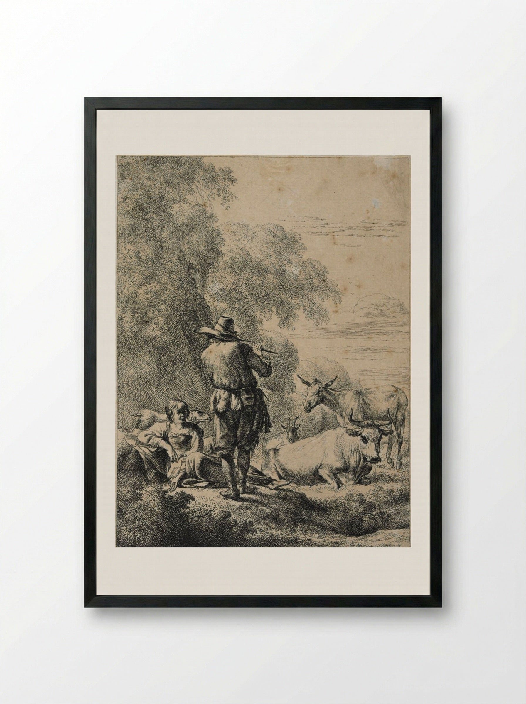 The Shepherd Playing the Flute - Nicolaes Berchem - Framed Print Black