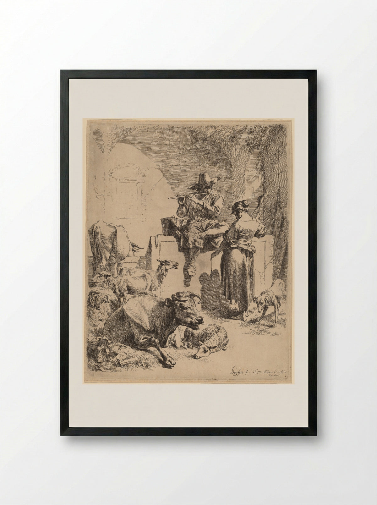 The Shepherd Seated on a Fountain and the Spinner - Nicolaes Berchem - Framed Print Black