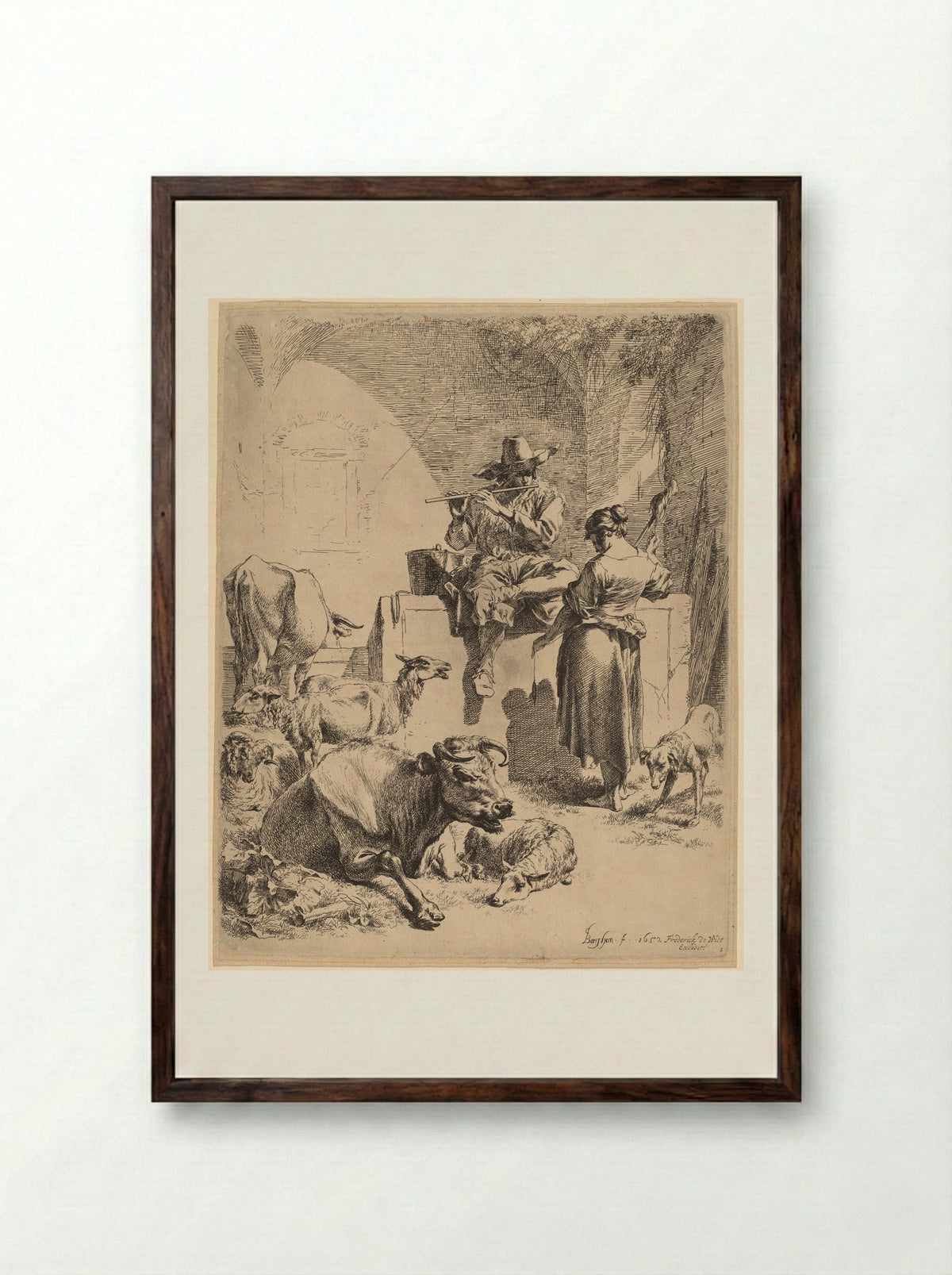 The Shepherd Seated on a Fountain and the Spinner - Nicolaes Berchem - Framed Print Dark Wood