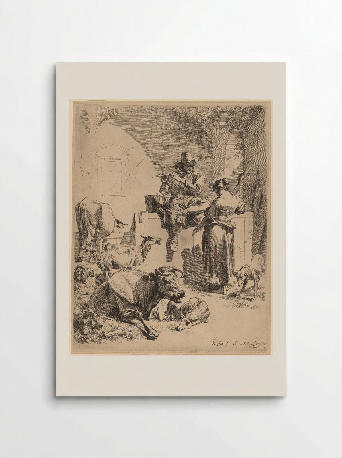 The Shepherd Seated on a Fountain and the Spinner - Nicolaes Berchem - Poster