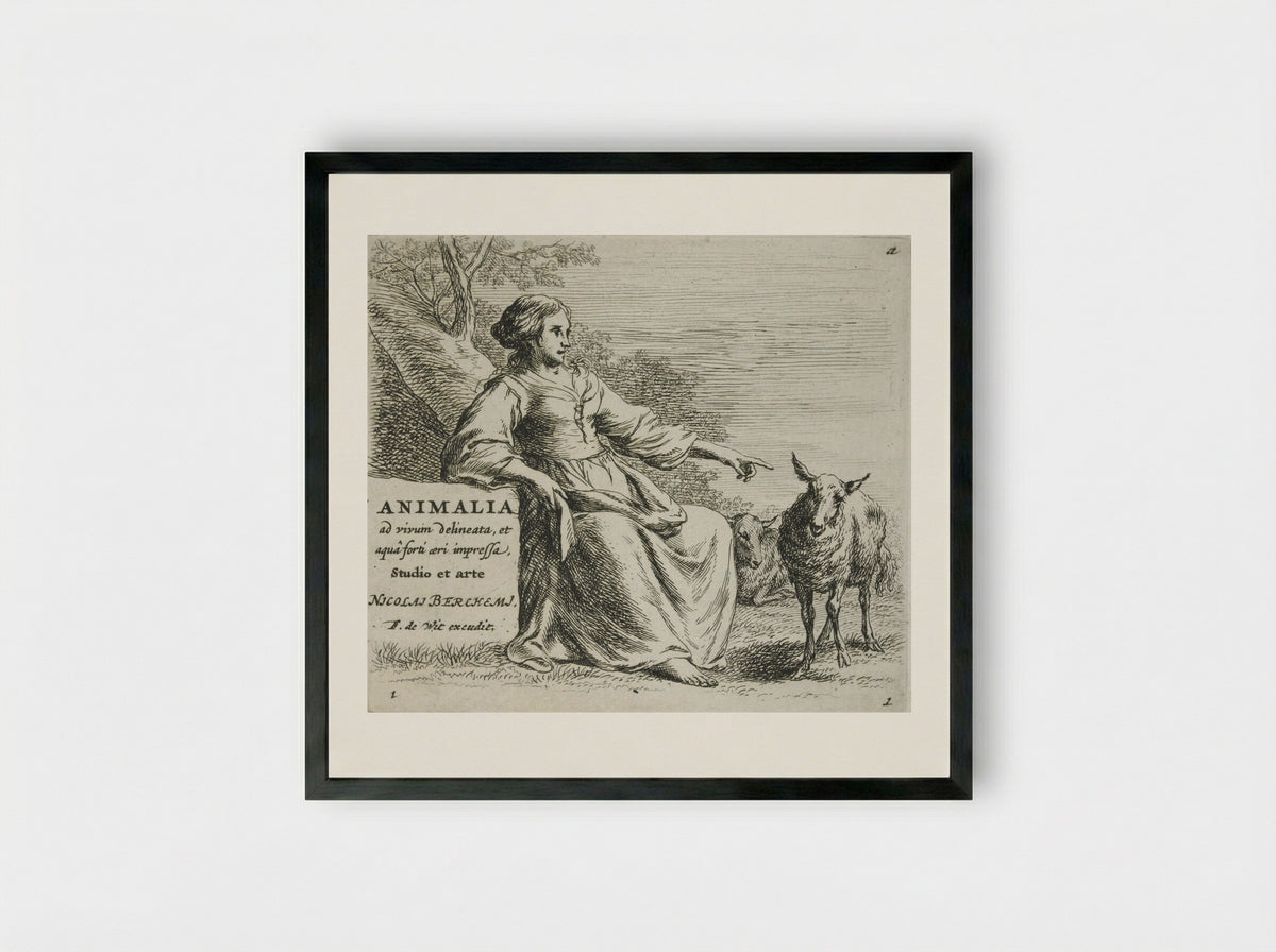 The Shepherdess and the Sheep - Nicolaes Berchem - Framed Print Black