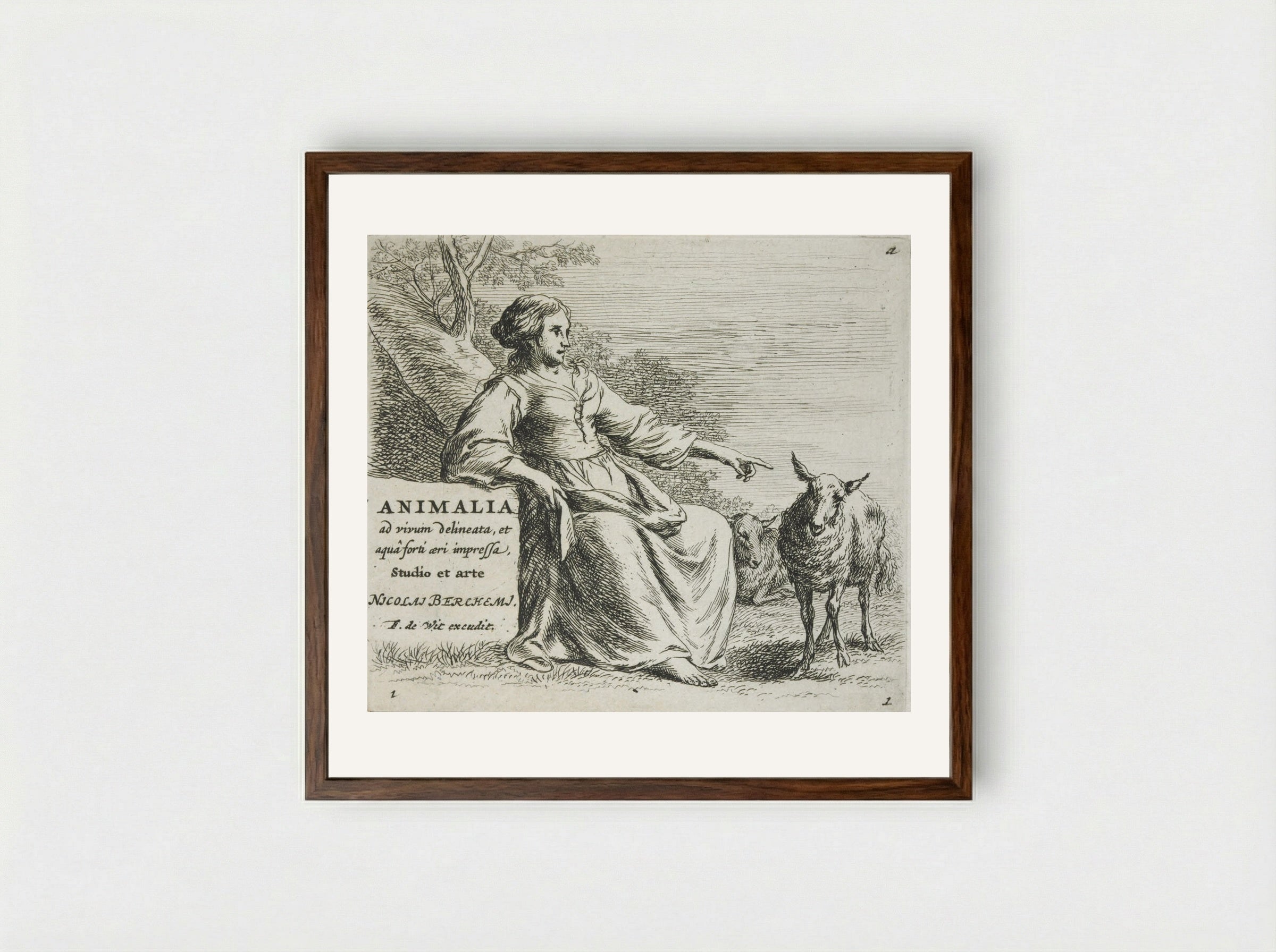 The Shepherdess and the Sheep - Nicolaes Berchem - Framed Print Dark Wood