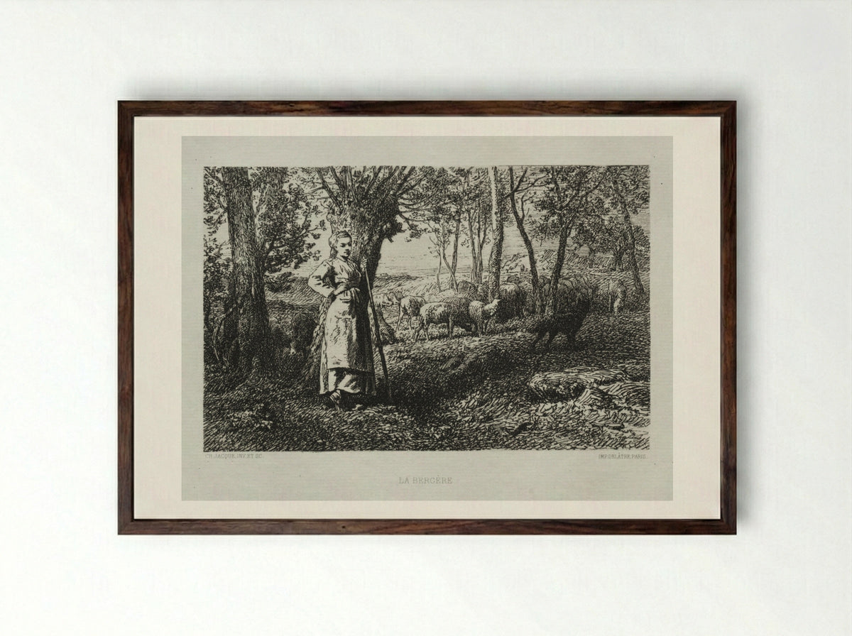 The Shepherdess - Charles-Émile Jacque - Framed Print Dark Wood