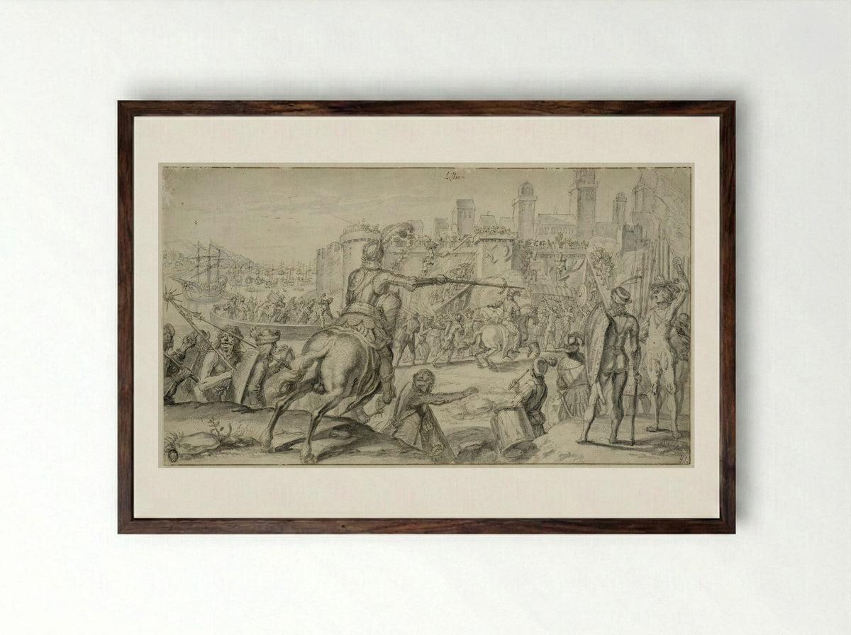 The Siege of Lisbon - Crispijn van de Passe (II) - Framed Print Dark Wood