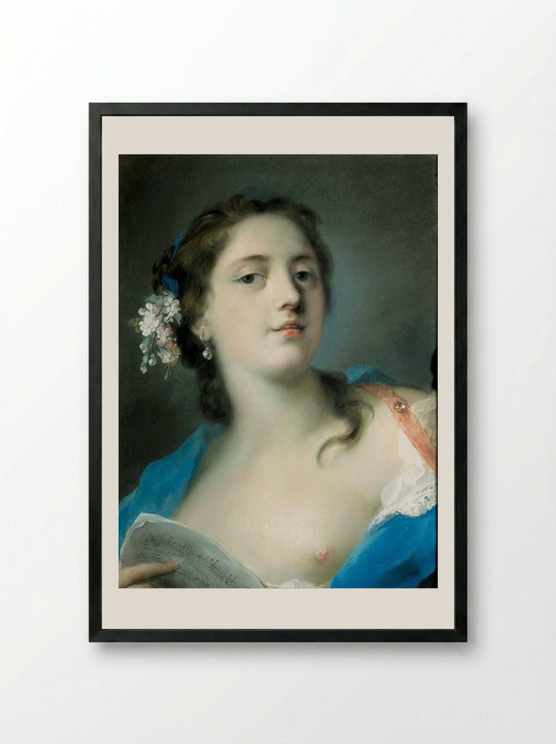 The Singer Faustina Bordoni with a Musical Score - Rosalba Carriera - Framed Print Black
