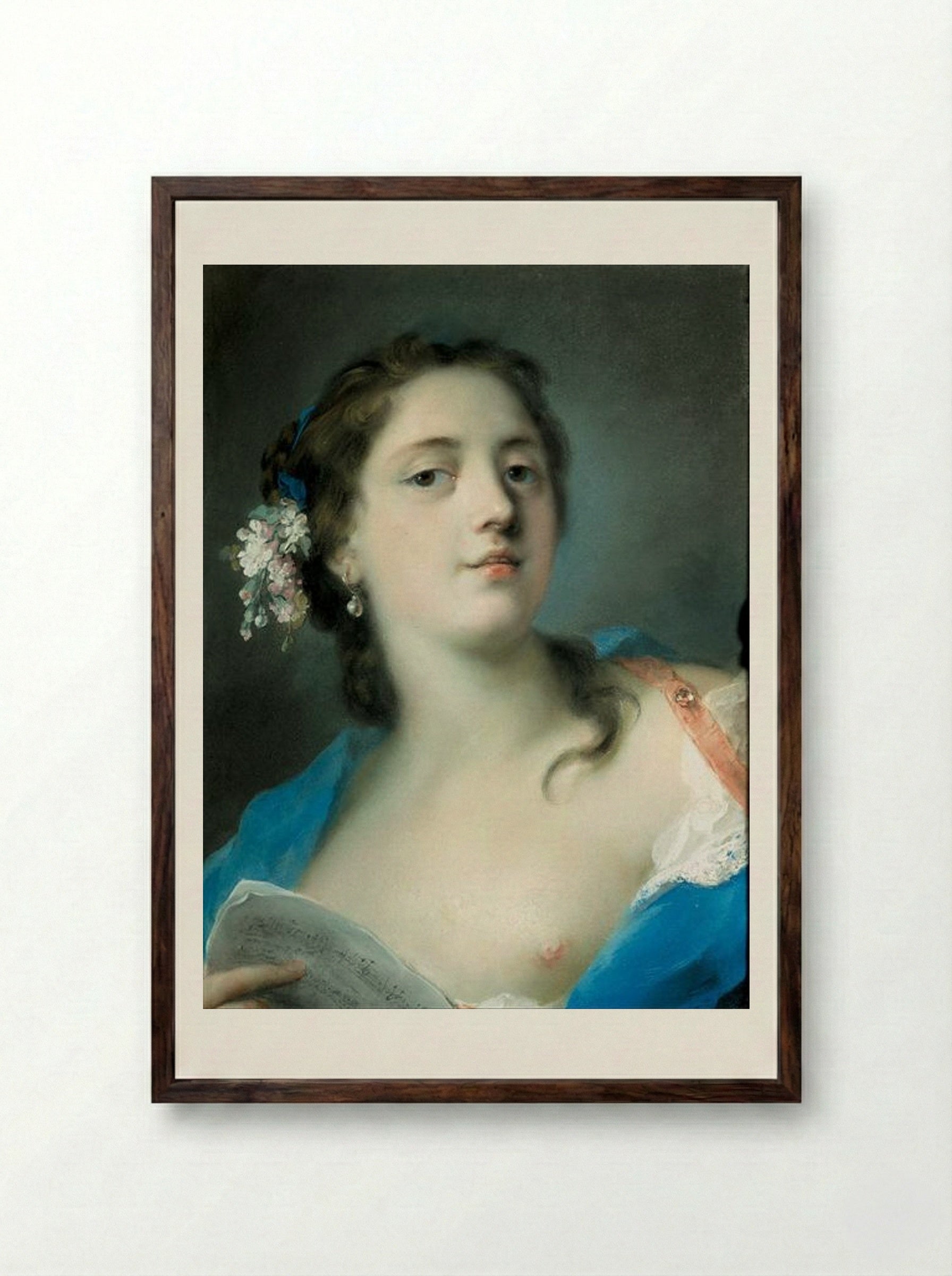 The Singer Faustina Bordoni with a Musical Score - Rosalba Carriera - Framed Print Dark Wood