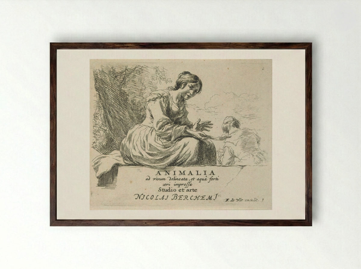 The Singing Shepherdess - Nicolaes Berchem - Framed Print Dark Wood
