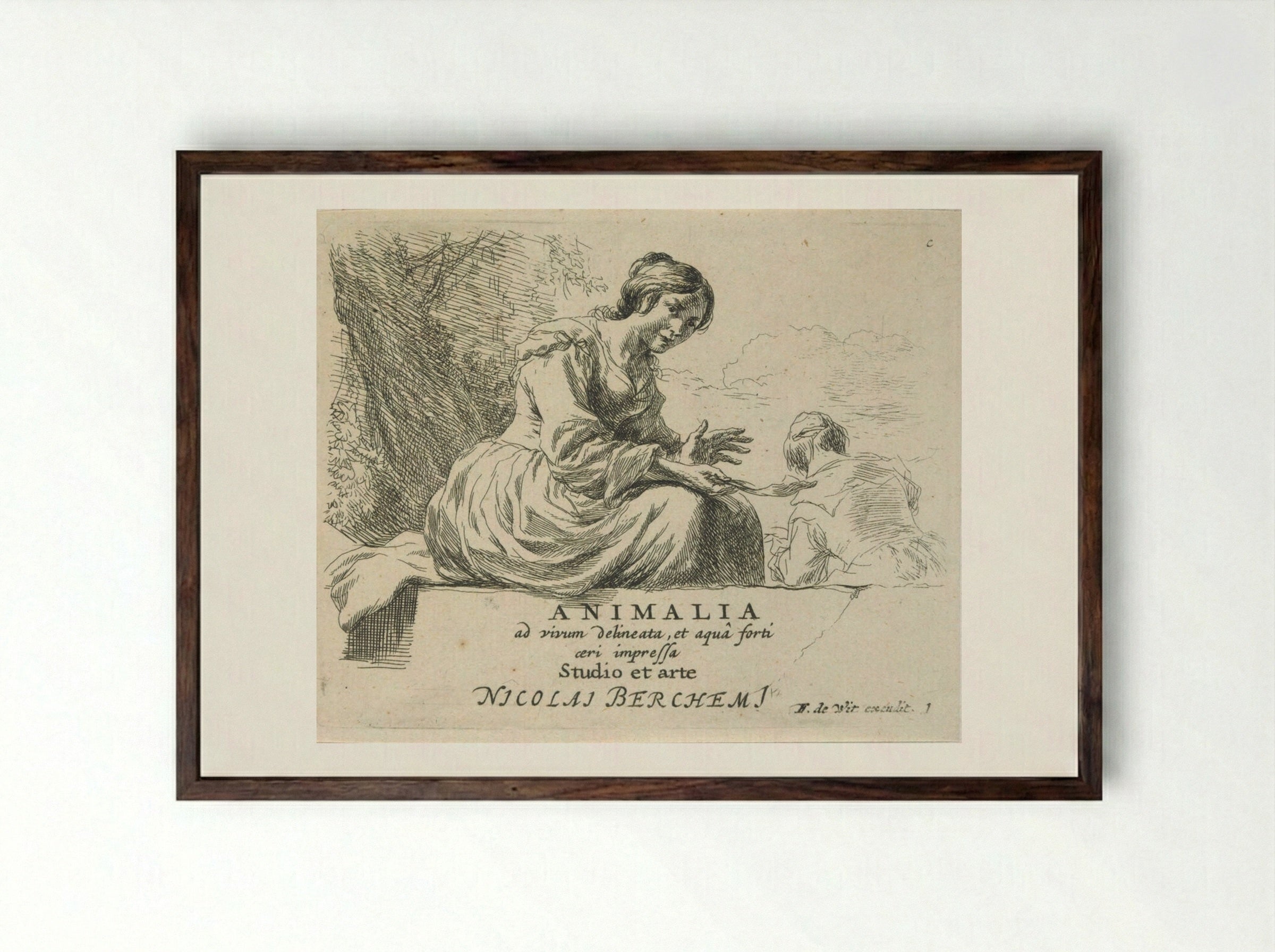 The Singing Shepherdess - Nicolaes Berchem - Framed Print Dark Wood