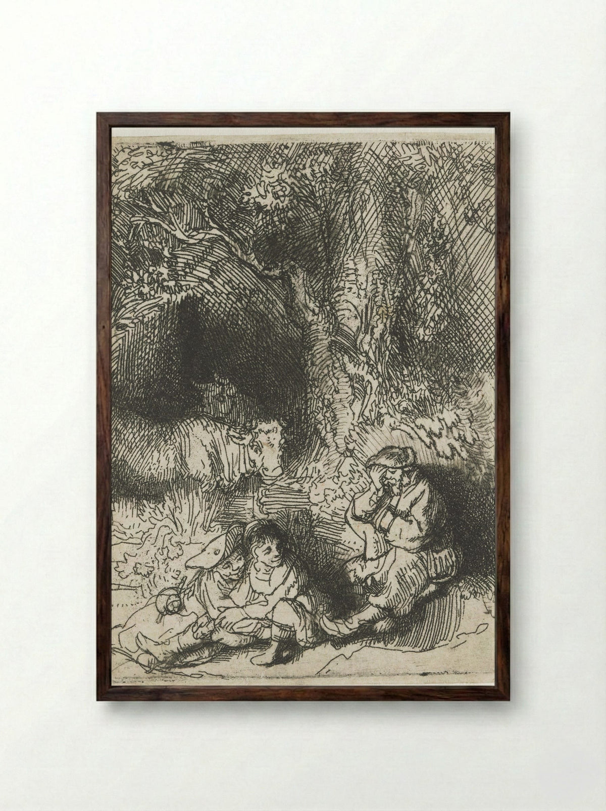 The Sleeping Herdsman - Rembrandt van Rijn - Framed Print Dark Wood