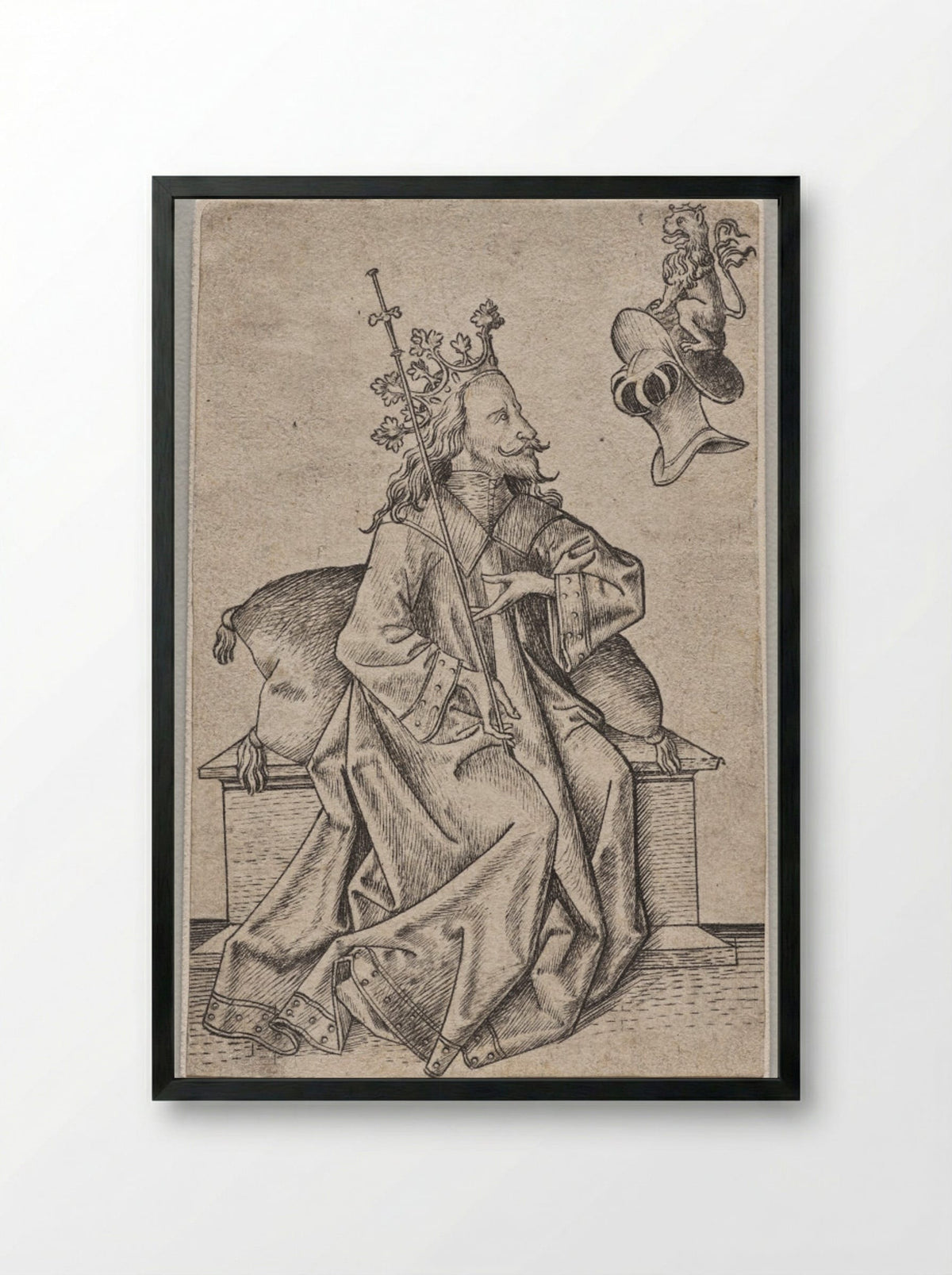 The Small Playing Cards: Second Suit: Helmets: Playing Card with King and Helmet - Master ES - Framed Print Black