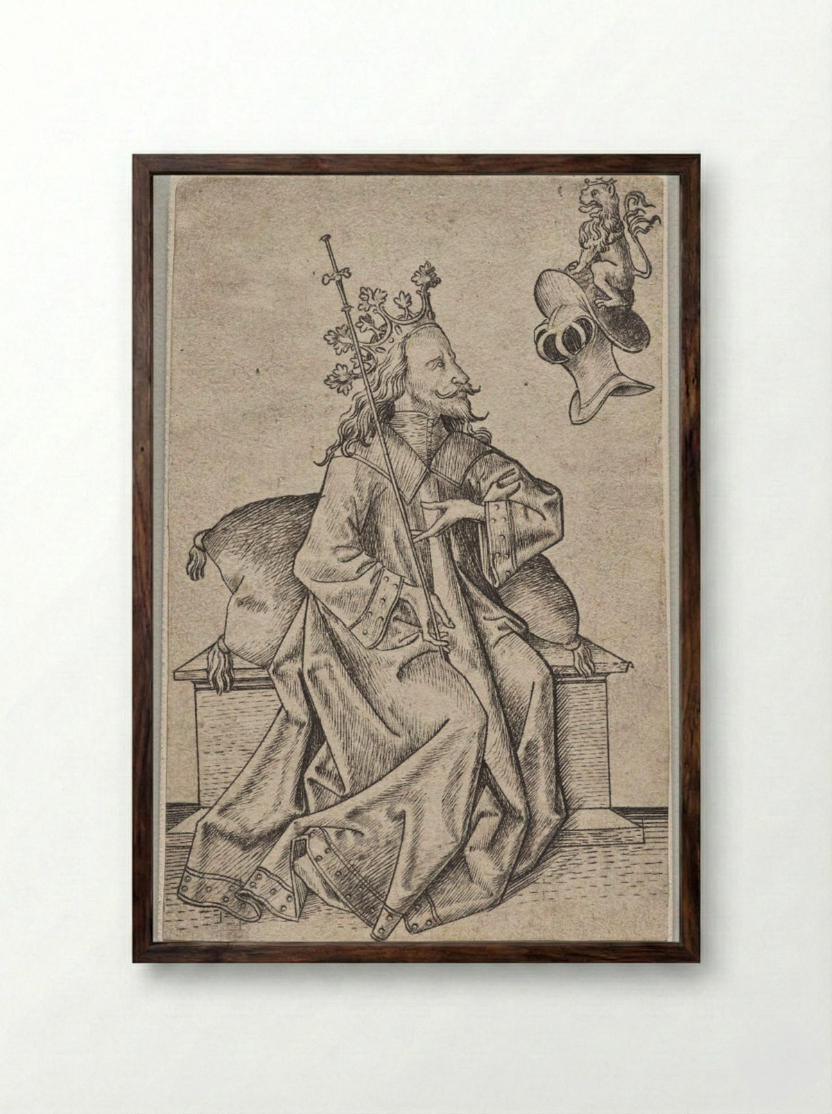 The Small Playing Cards: Second Suit: Helmets: Playing Card with King and Helmet - Master ES - Framed Print Dark Wood