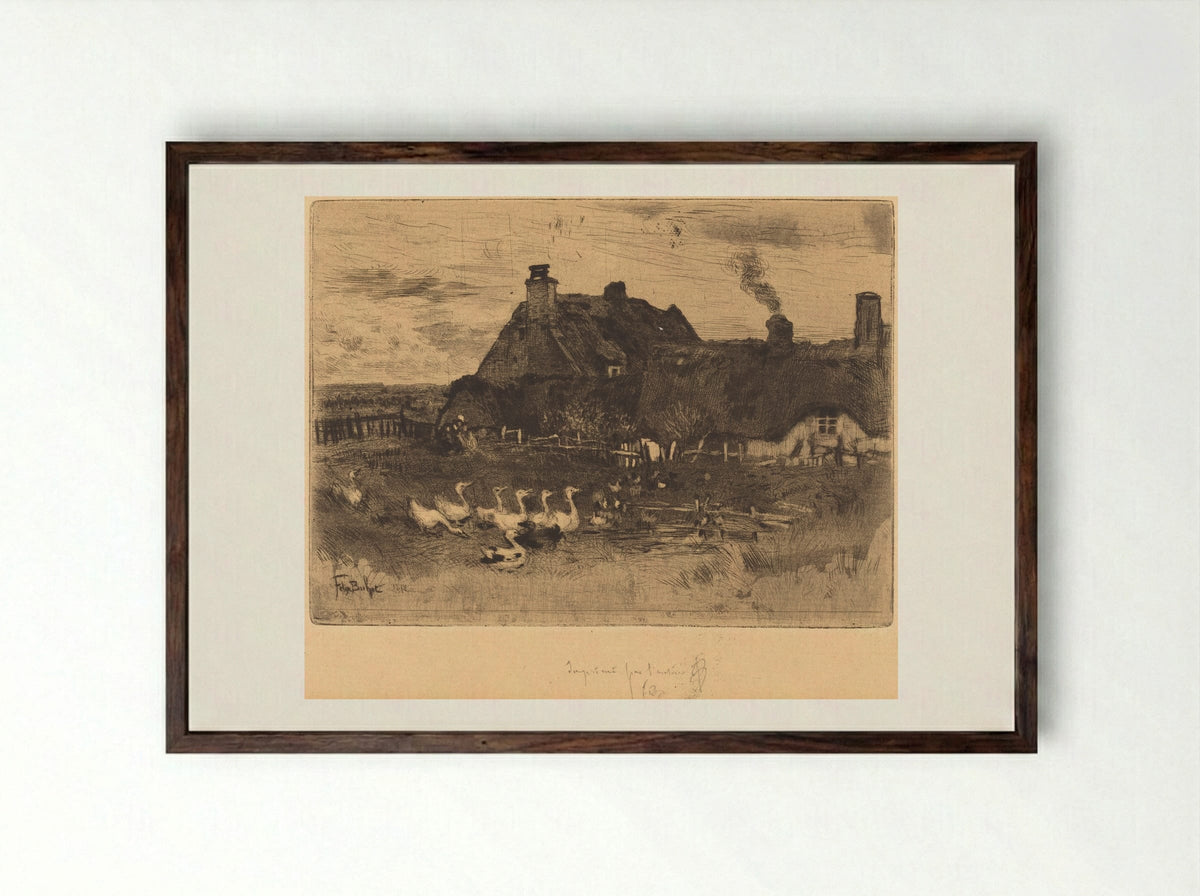 The Small Thatched Cottages - Félix Hilaire Buhot - Framed Print Dark Wood
