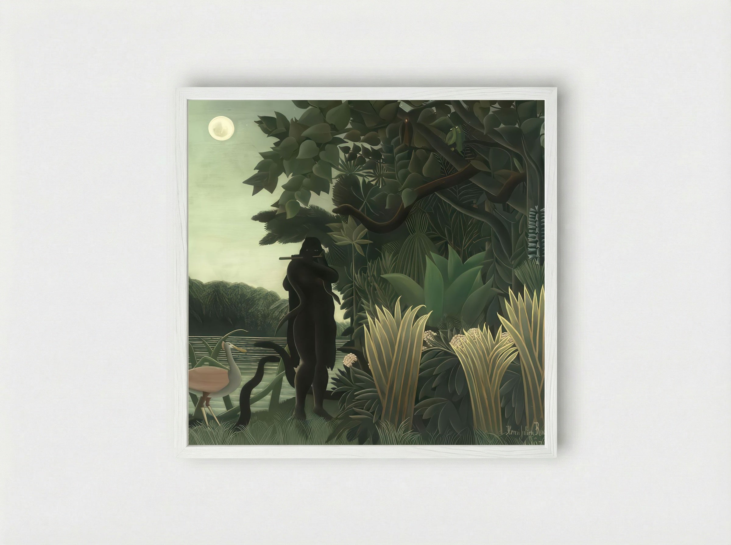 The Snake Charmer by Henri Rousseau – Naïve Art Jungle Mystery Print - Framed Print White