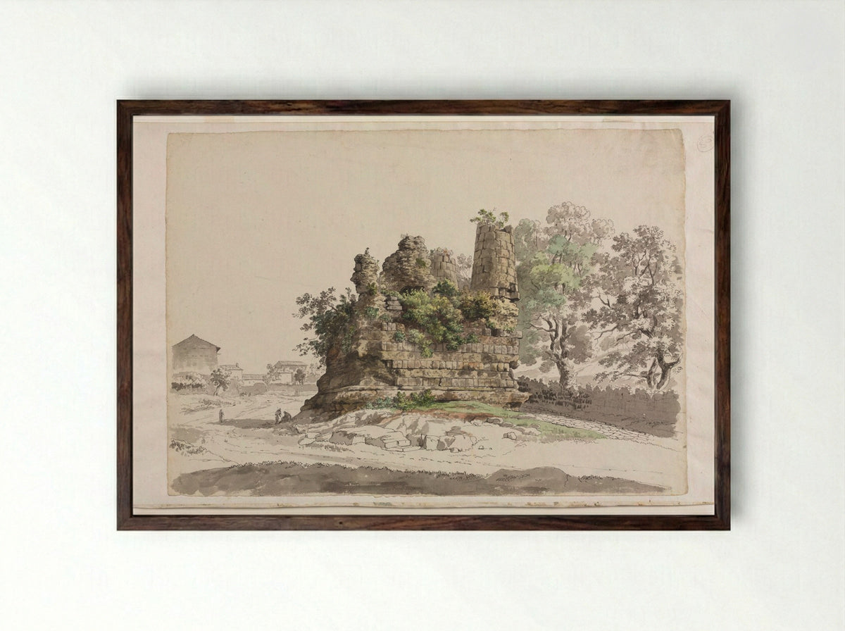 The So-Called Sepulcher of the Curiatii Brothers at Albano - Carlo Labruzzi - Framed Print Dark Wood