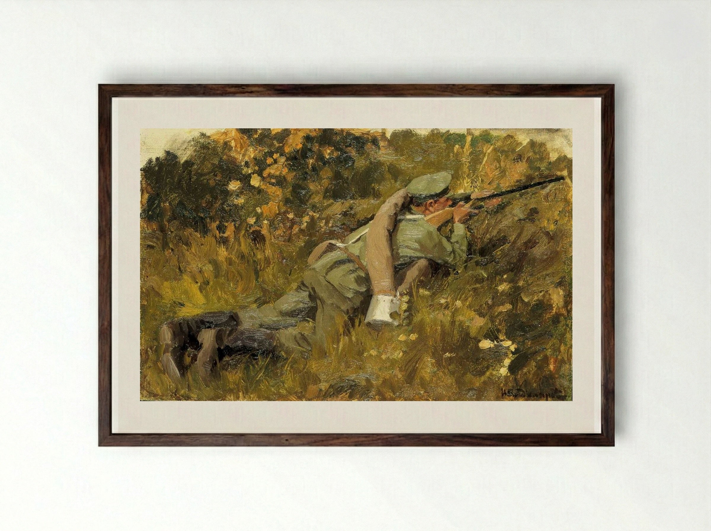 The Soldier on the Position - Ivan Vladimirov - Framed Print Dark Wood
