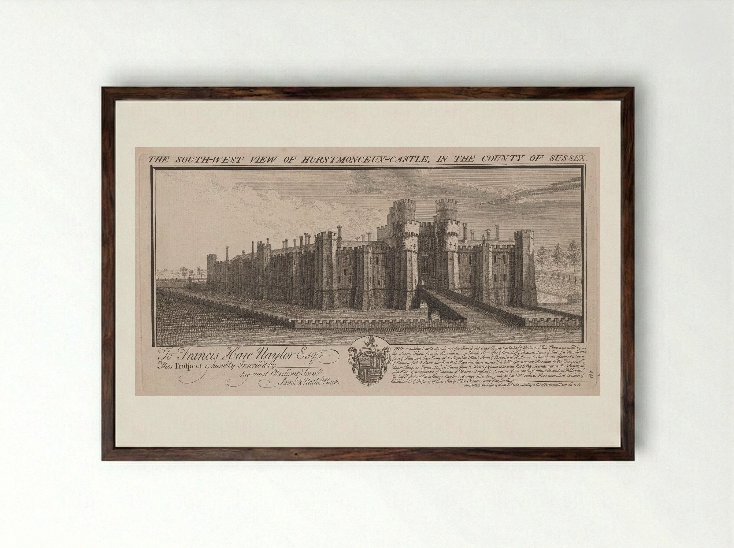 The South-West View of Hurstmonceux-Castle - Samuel and Nathaniel Buck - Framed Print Dark Wood