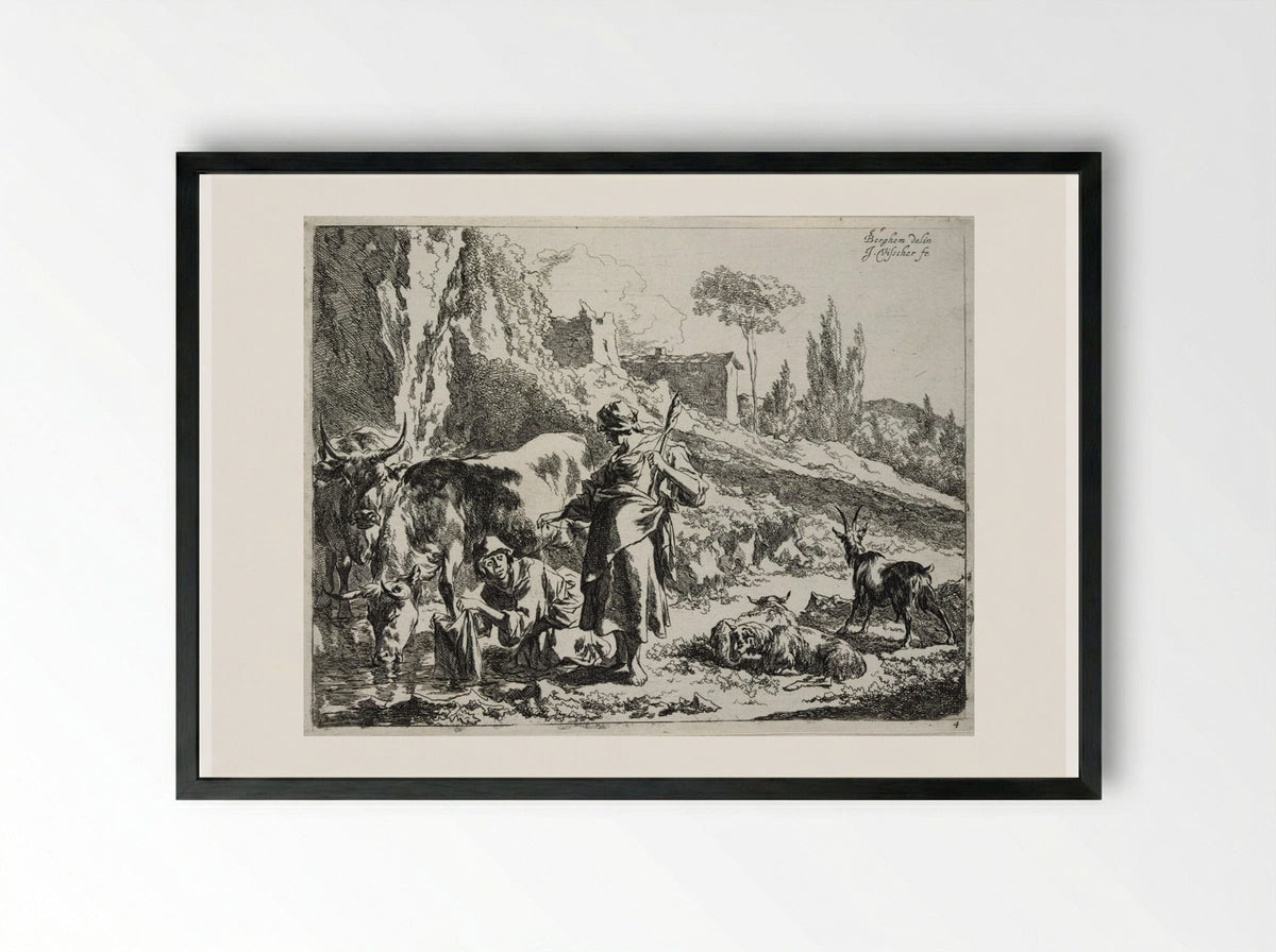 The Spinner and the Woman Washing Clothes - Johannes Visscher - Framed Print Black