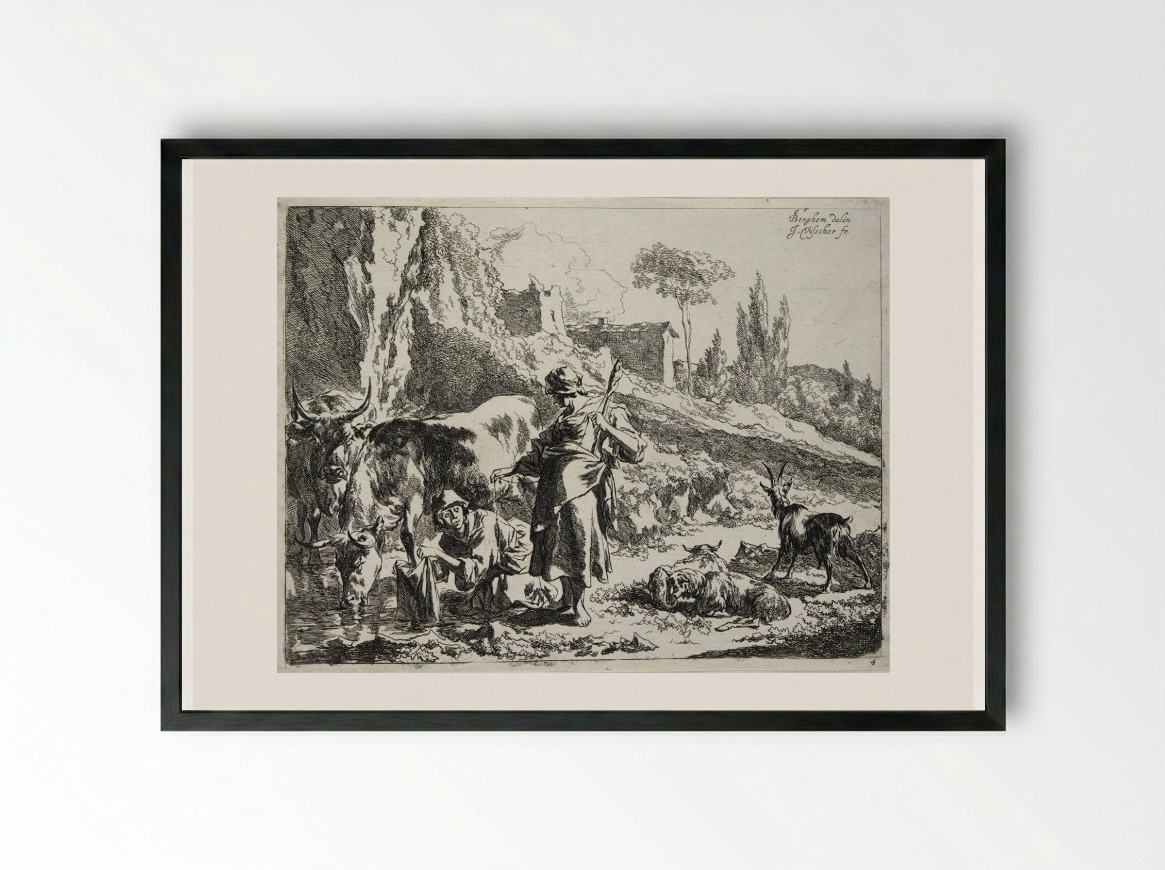The Spinner and the Woman Washing Clothes - Johannes Visscher - Framed Print Black