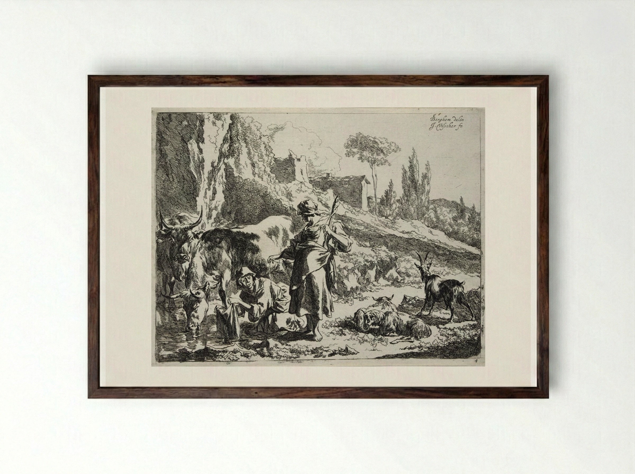 The Spinner and the Woman Washing Clothes - Johannes Visscher - Framed Print Dark Wood